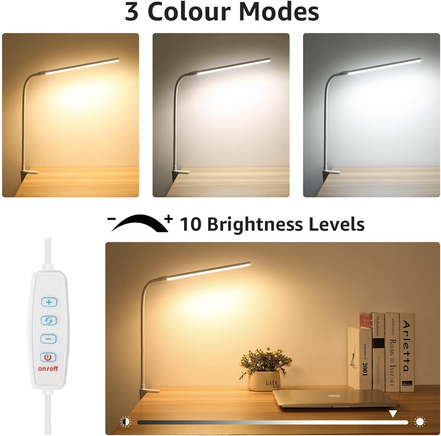 LED Desk Lamp with Clamp, 3 Color Modes 10 Brightness, Eye-Caring Clip on Desk Lamp, Adjustable Long Flexible Gooseneck Table Light for Bed Headboard, Home Office, Computer (White)