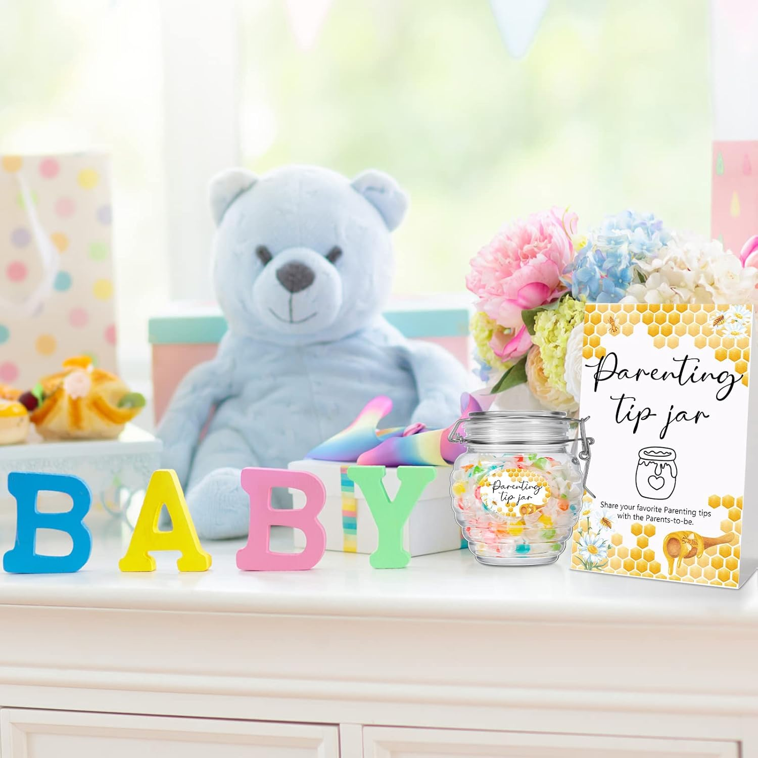 Roowest Baby Shower to Baby Advice Cards for New Parents to Be - Tip Jar Sign for New Parents 60 Parenting Advice Cards 10 HB Pencils 2 Cute Stickers 1 Pet Bottle for Guests Games(Honey) image number 3