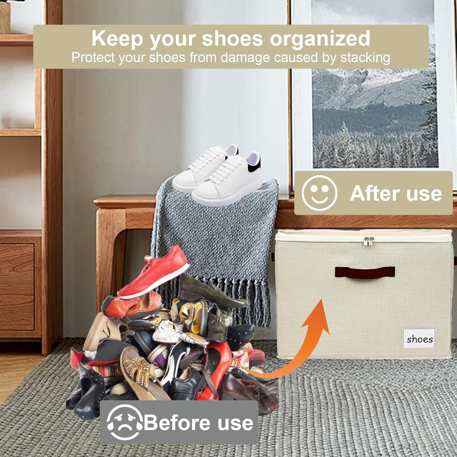 VERONLY Shoe Organiser for Closet Fits 16 Pairs, Adjustable Dividers Shoe Storage Bins Boxes, Foldable Shoe Holder Cube Containers with Clear Cover for Large Shoes, High Heels, Sneaker, Boots (Beige) image number 1