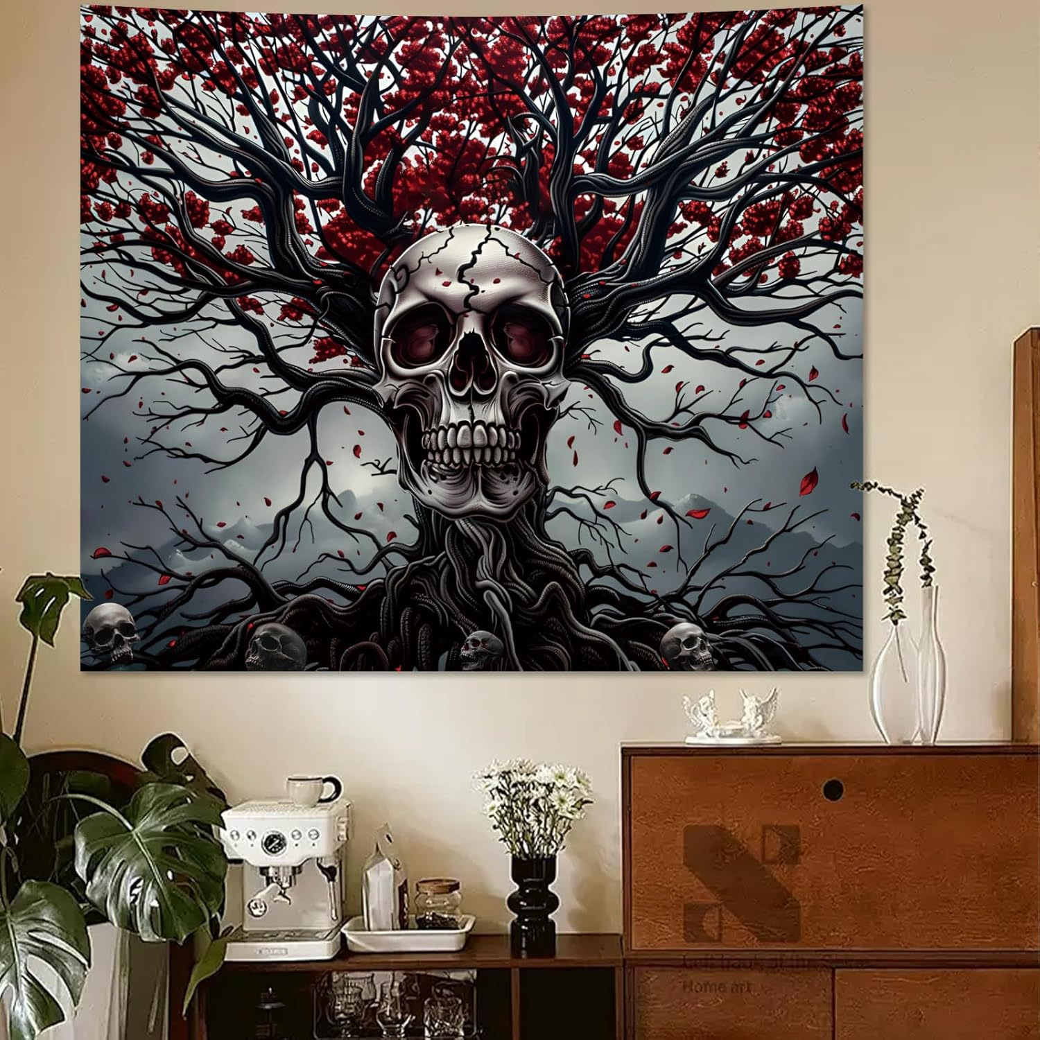 Apdidl Halloween Tree of Life Gothic Skull Tapestry for Bedroom Aesthetic, Black and White Goth Skeleton Tapestries, Dark Horror Ghost Rider Wall Decor Poster for Men Living Room Dorm (51"X60") image number 3