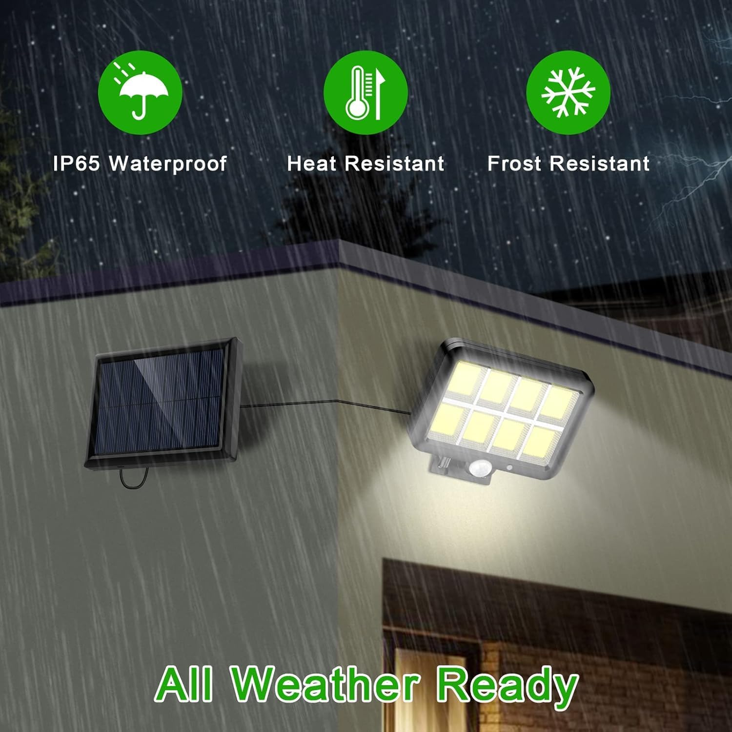 Solar Motion Sensor Light Outdoor, 320 Bright COB LED, 16.4Ft Cable, 3 Working Mode, Adjustable Solar Panel, Wired Solar Powered Security Flood Lights for Indoor Use, Wall, Yard, Garage, Garden 2PCS image number 2