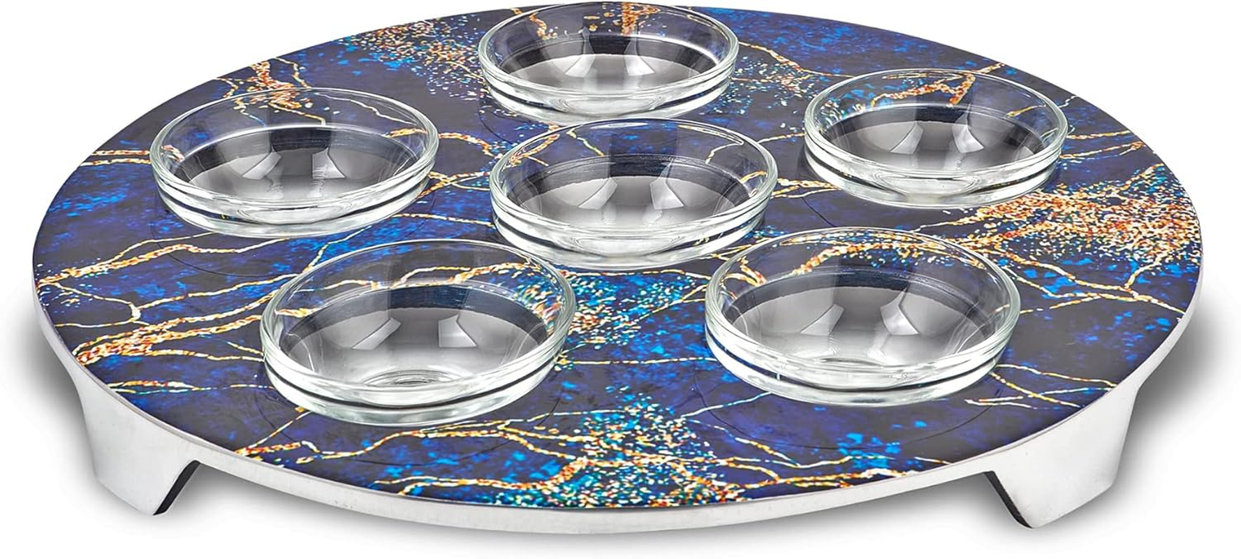 Zion Judaica Decorative Passover Seder Plate Artistic Blue and Gold Marble Decal Passover Seder Tray with 6 Glass Liners Marked with Seder Symbolic Seder Foods Pesach Dishware image number 2