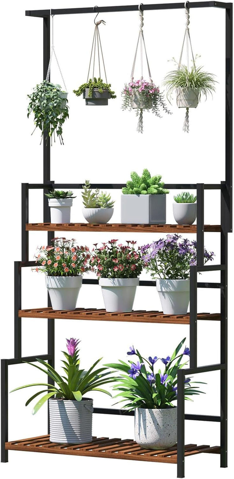 Ikare 3-Tier Heavy Duty Metal Plant Stand, 68 Inch Tall Flower Pot Shelf with Grid Panel, Multi-Tier Organizer Rack for Indoor Outdoor Use in Living Room, Garden, Balcony image number 3