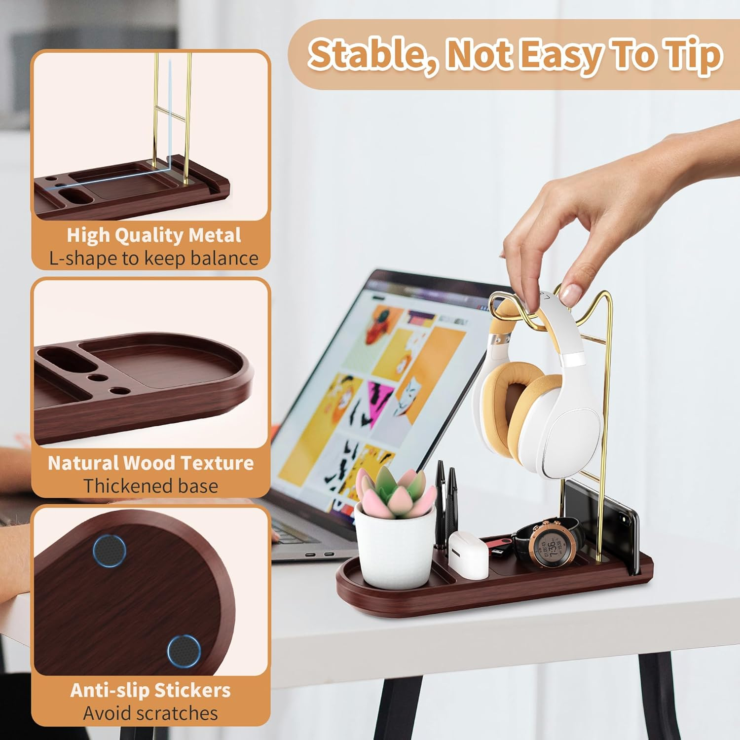 ATSKIM Wooden Headphone Stand for Desk, Headset Holder with Storage Base, Game Controller and Headset Stand for Airpod Max and More, Desktop Headphone Hanger for Gaming, Office (Gold) image number 1