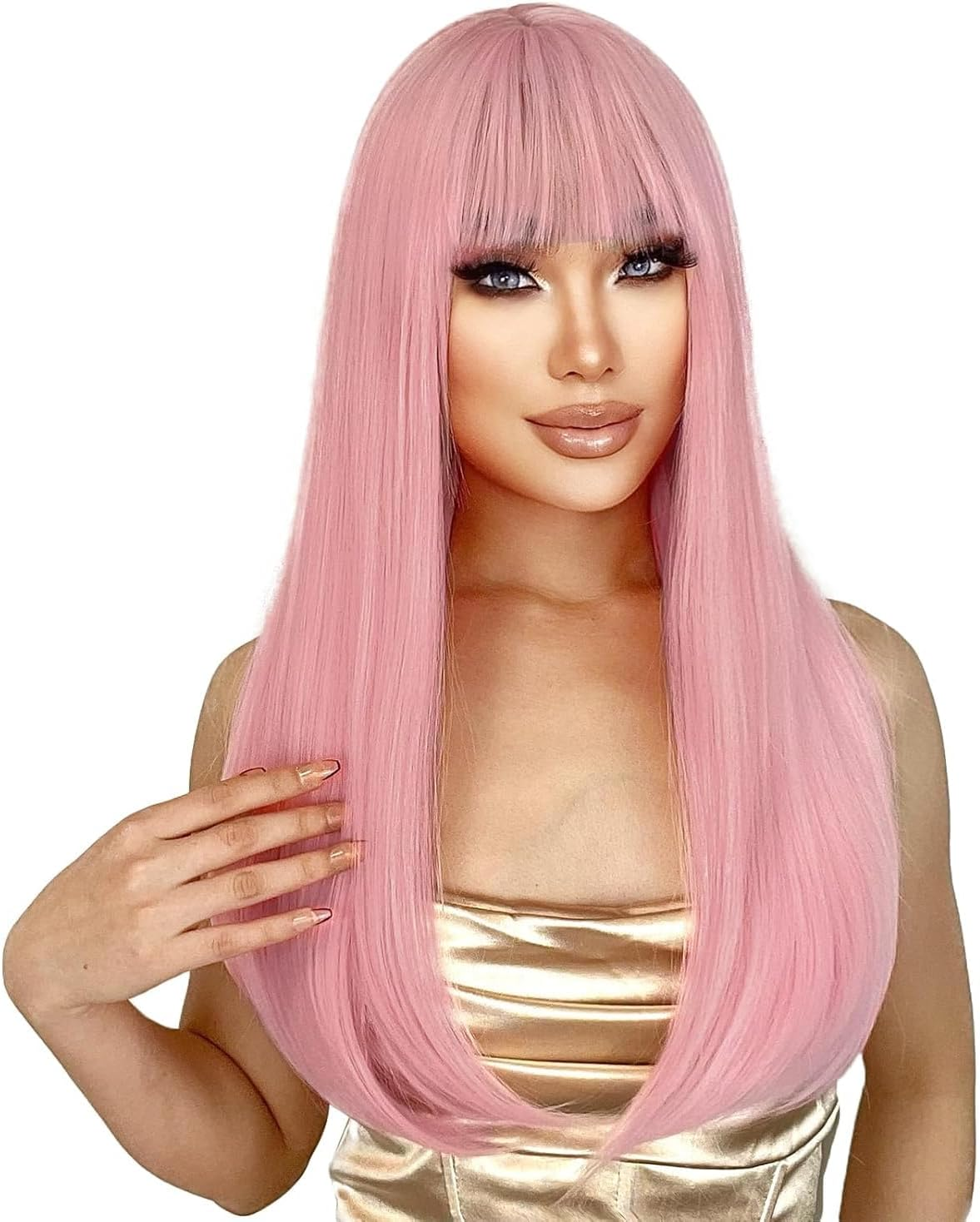 QAUARUMSUN Long Pink Straight Wig with Bangs Light 26 Inch Pink Wigs for Women Pastel Wig for Grils Charming Syntheticcosplay Wig for Party Halloween Daily