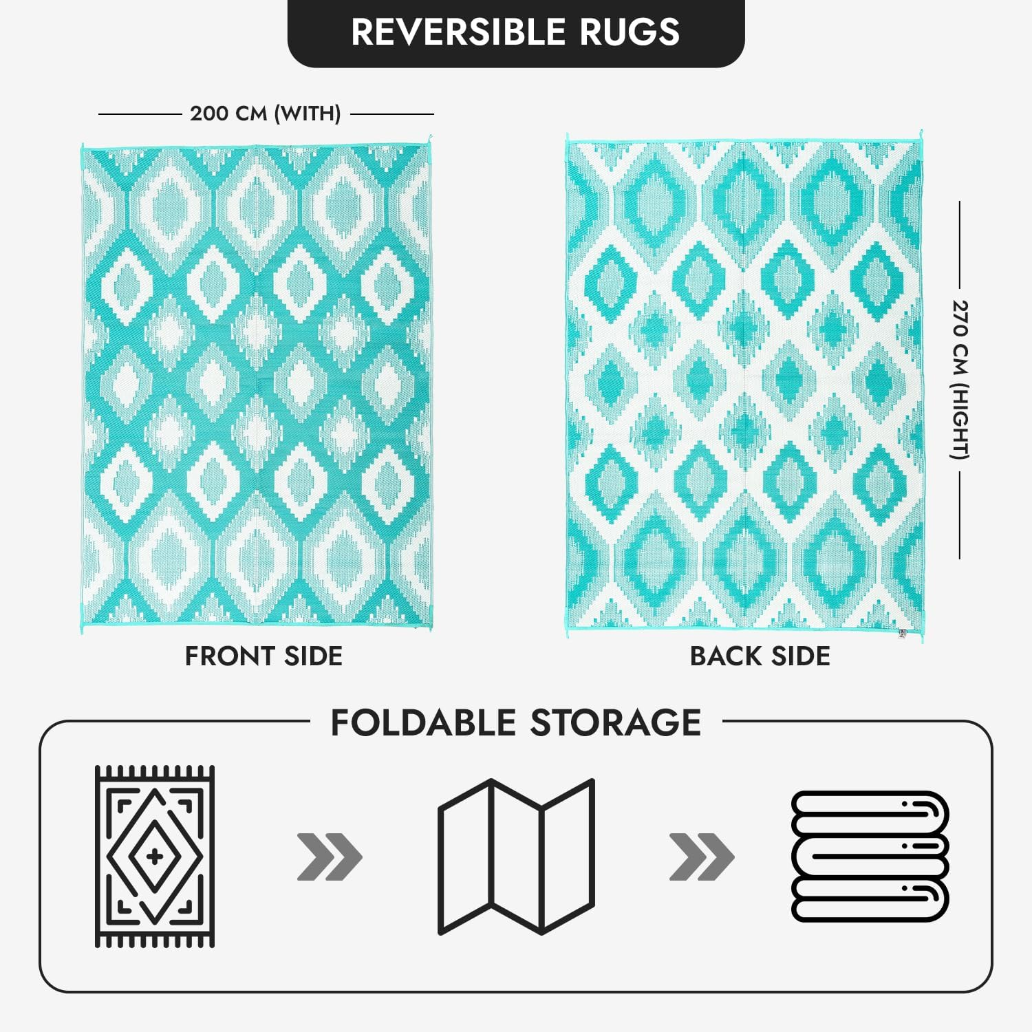 XCELERATOR Large Outdoor Rug for Patio, Reversible Portable Camping Rug, Weather Proof Plastic Straw Rug for RV Deck Camper Balcony, Positano 200 X 270 Cm Aqua and White image number 1