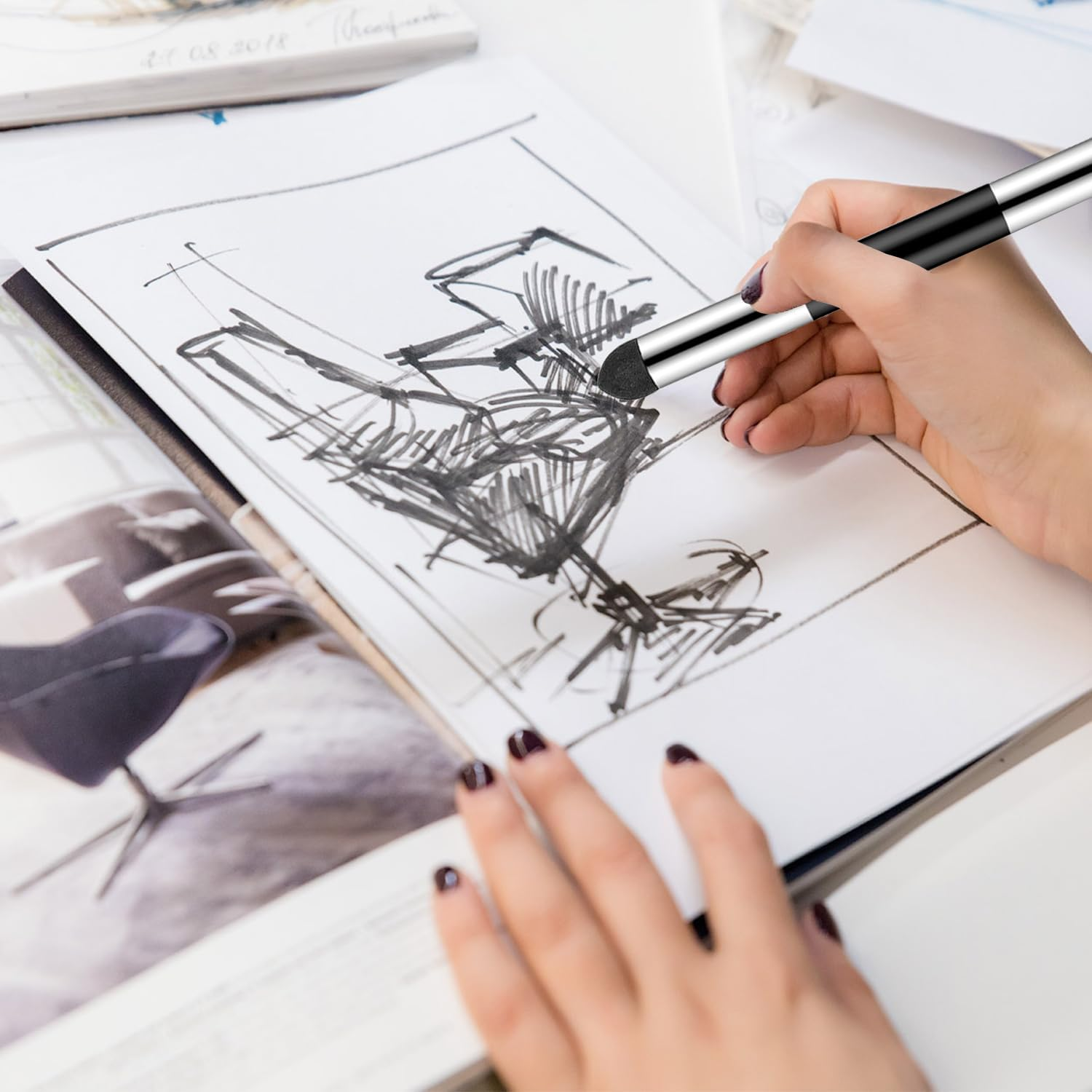 Funtyboo 6 Pcs Artist Blending Sponge Pen, Sketch Brush 2 Sizes Double-Headed Pastel Blending Stump Pencil for Artist Professional Student Detail Correcting Tool image number 3