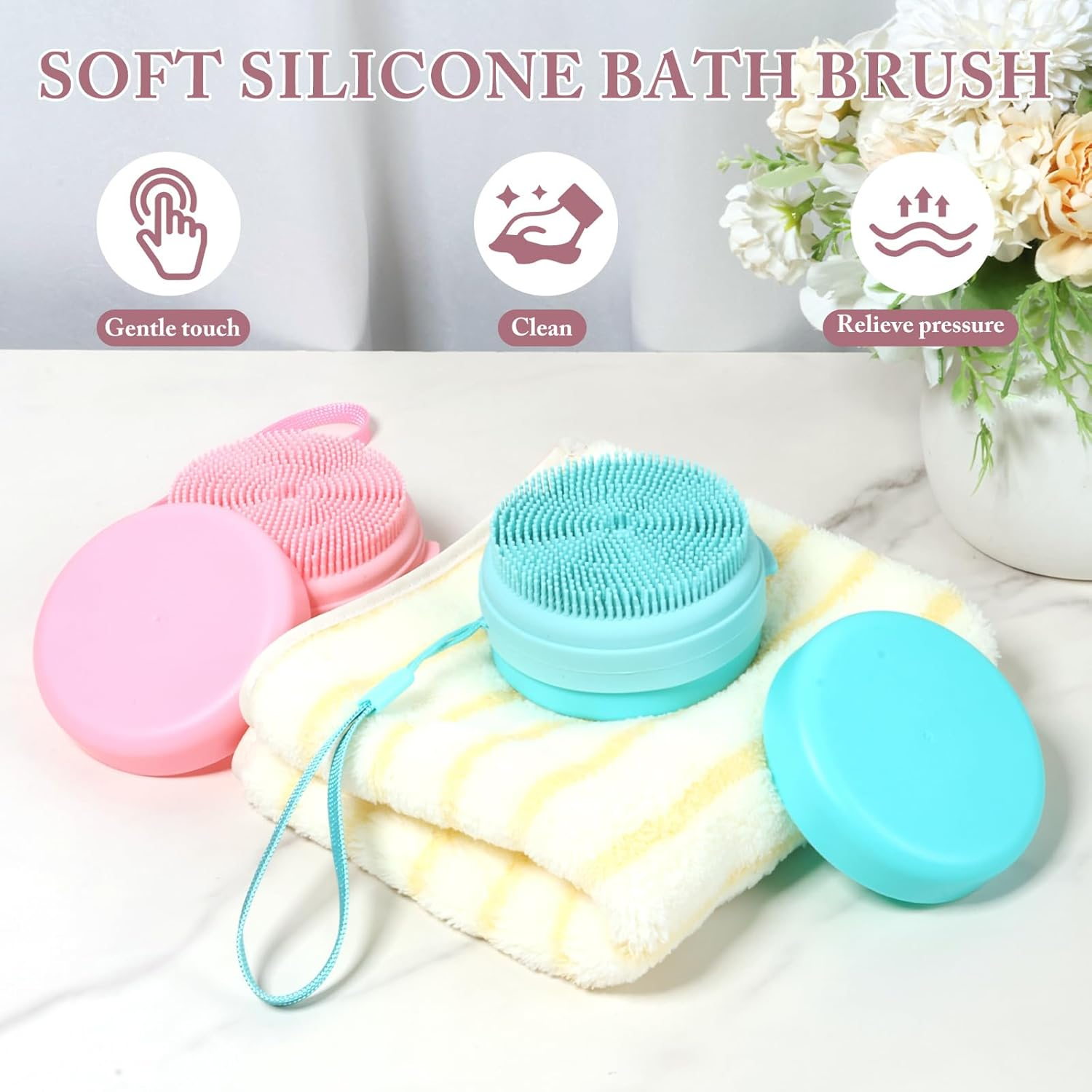 DJAPWPX 2/3 Pcs Silicone Body Scrubber Soft Silicone Shower Brush with Lanyard Safe Body Scrubber for Sensitive Skin Children Women Men (1 Pink+1 Blue) - 3 Blue image number 5