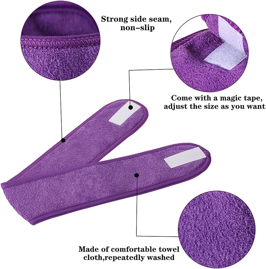 Facial Spa Headbands 4Pcs, Makeup Shower Bath Wrap Sport Headband Terry Cloth Stretch Towel with Magic Tape (Blue, Mint Green, Purple, Rose)