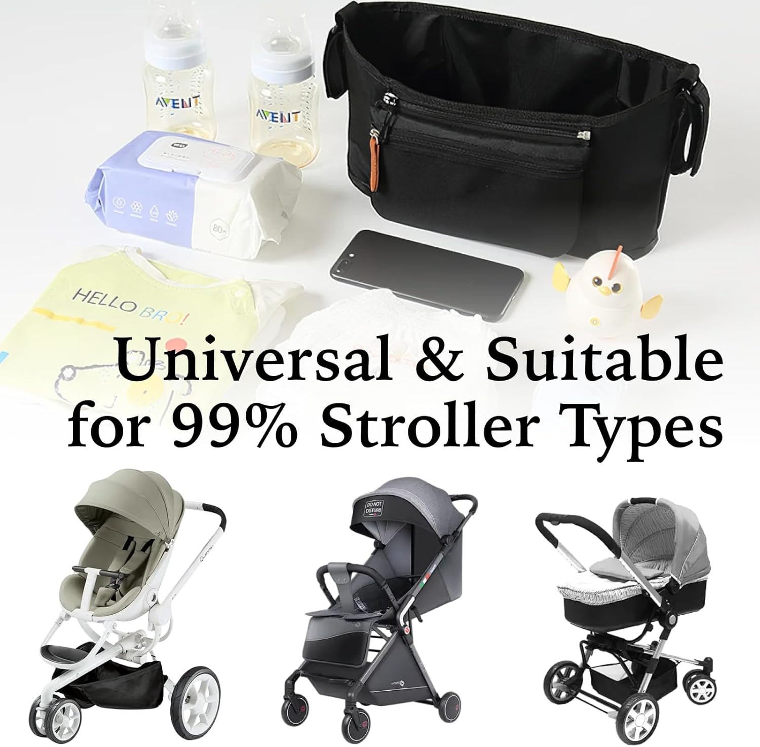 Universal Stroller Organizer Pram Caddy with Detachable Pockets, Waterproof Fabric, Machine Washable for Easy Cleaning, Fits Most Strollers and Joggers, Stylish Black Color for Everyday Use image number 2