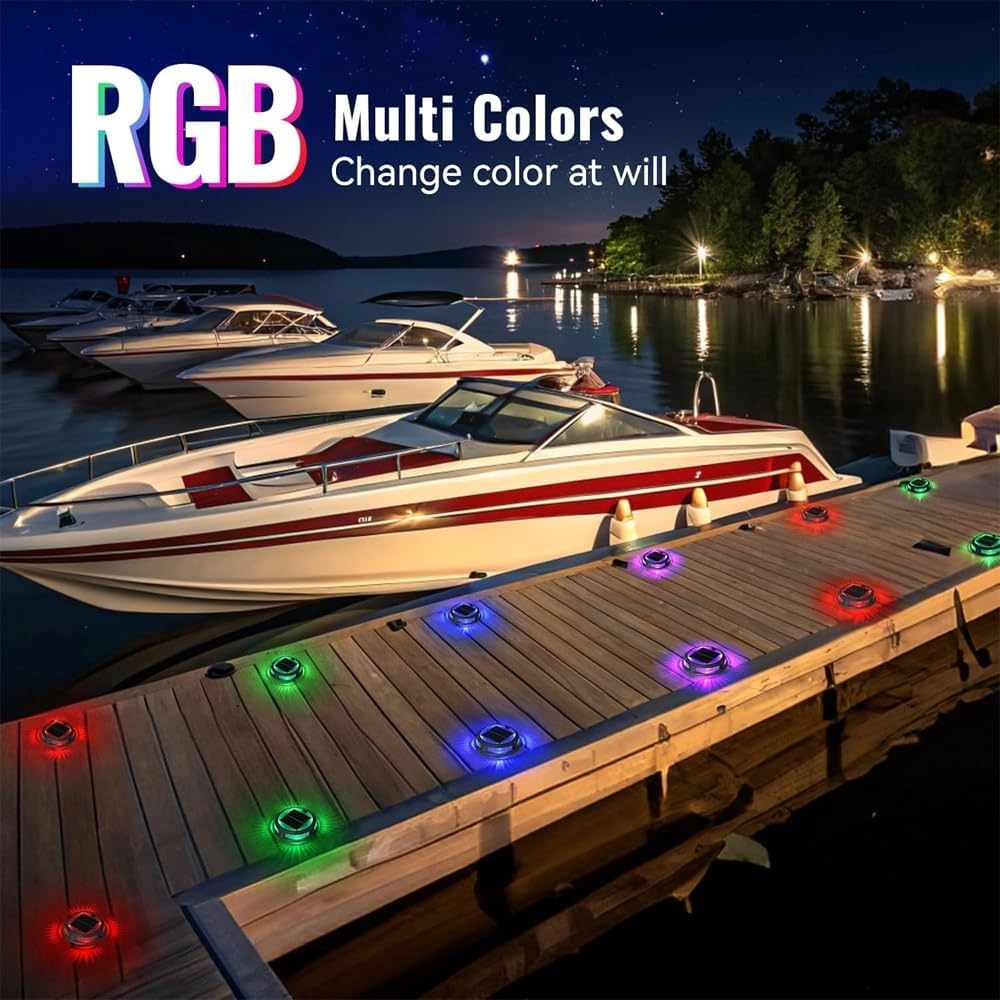 Aluminum Alloy Solar Driveway Lights, IP68 Solar Deck Light Marine Dock Lights Outdoor Waterproof 4 Modes, Multicolor LED Driveway Markers Garden Light for Walkway, Path Decor (2 Pack) image number 4