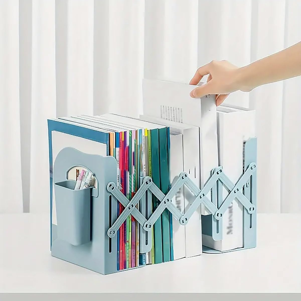 AIMALL Adjustable Desktop Book Stand with Pen Holder, Multi-Functional Expandable Bookshelf, Space-Saving Design, Blue, Pink or White - 17.7"X5.3"X6.9" - Blue image number 2