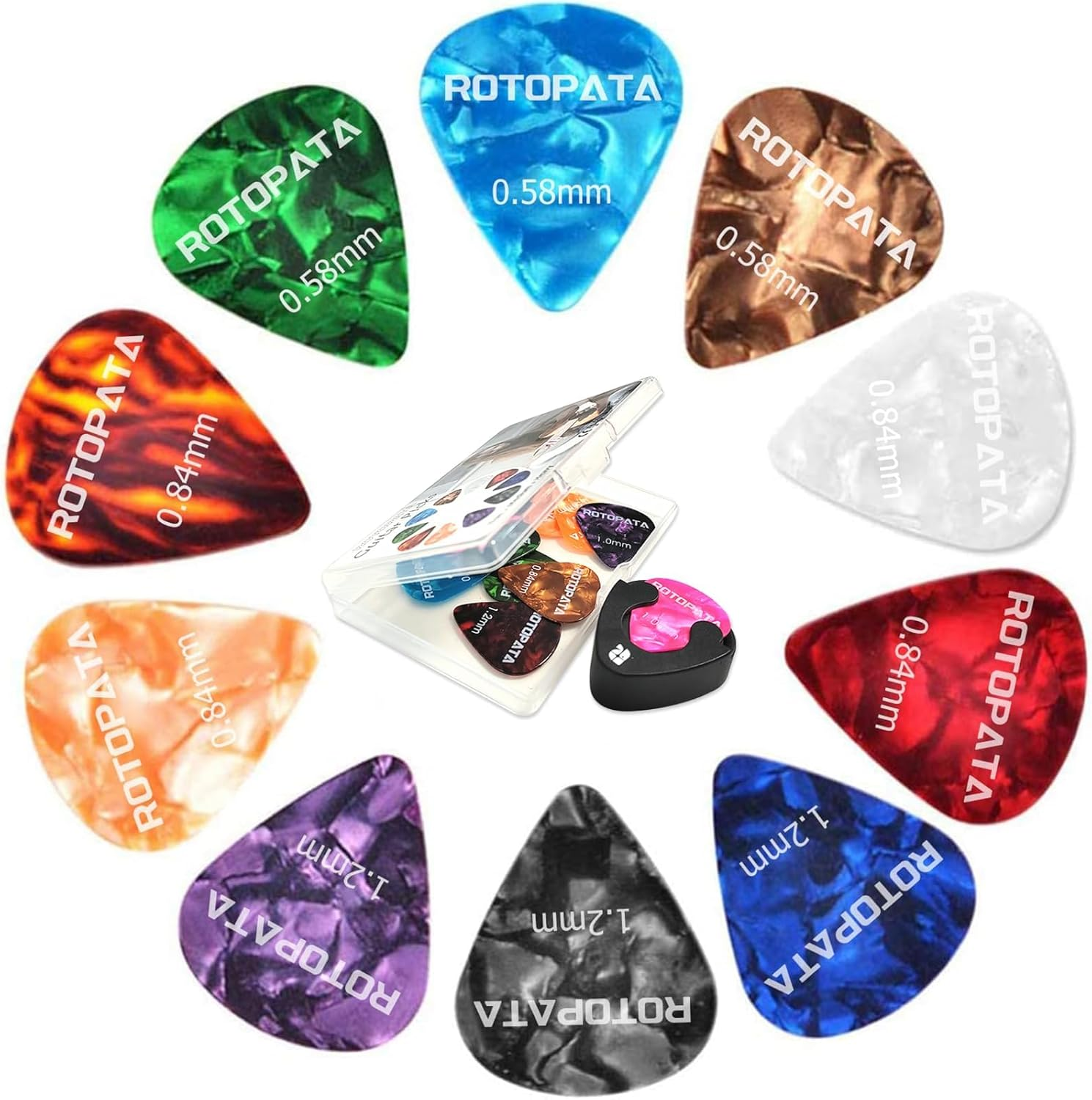 Guitar Picks Plectrums with Picks Holder and Storage Box 0.58 0.84 1.2 Mm Includes Thin Medium Heavy Thickness, Variety Colorful Celluloid Plectrums for Bass Electric Acoustic Guitars Ukulele (12) image number 1