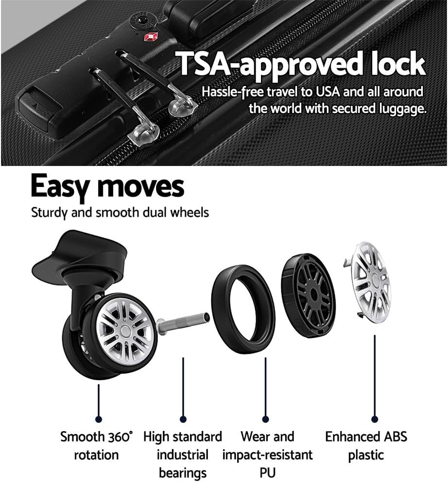 Wanderlite Luggage Set 3Pcs Black Suitcase Storage Organizer Hand Luggages Travel Hard Case Hardside, Lightweight Trolley Carry on Bag, TSA Lock 4 Universal Wheels image number 2