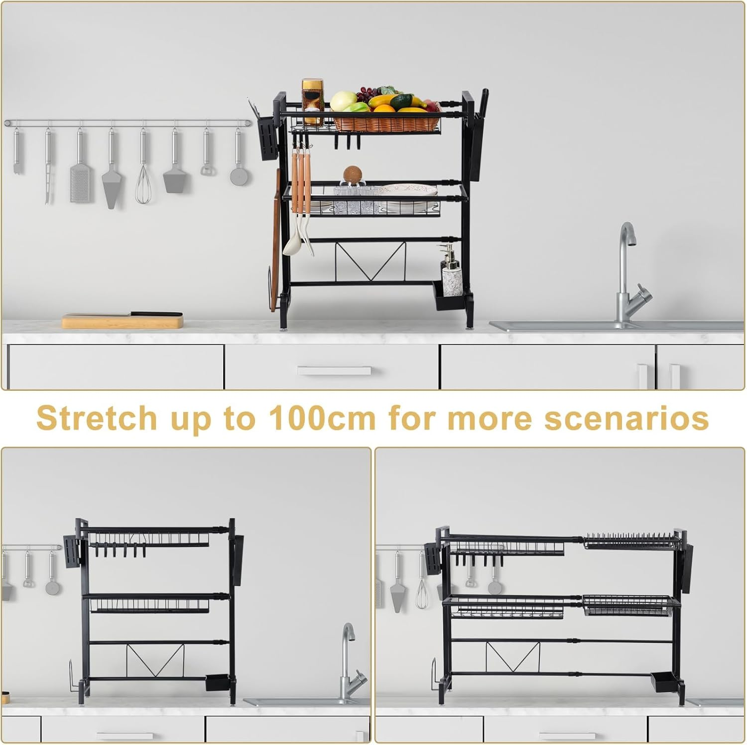 Over the Sink Dish Drying Rack, Telescopic, 2 Tier High Capacity Dish Rack, Kitchen Countertop Storage Rack, Plate Bowl Basin Double Storage Supplies image number 3