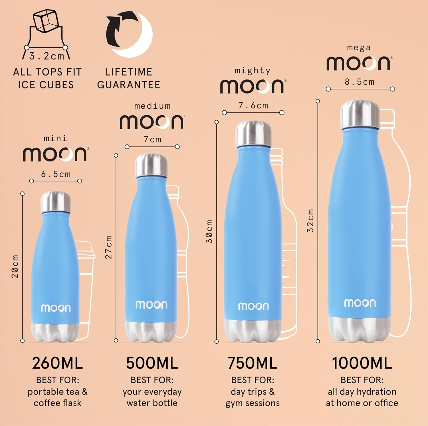 Moon Bottles - Insulated Flask That Lasts Forever - Stainless Steel Drink Bottle, Reusable Metal Water Bottle, 24Hr Cold, 12Hr Hot, Double Walled Vacuum Flasks, Australian Company (500Ml, Sky Blue) image number 3