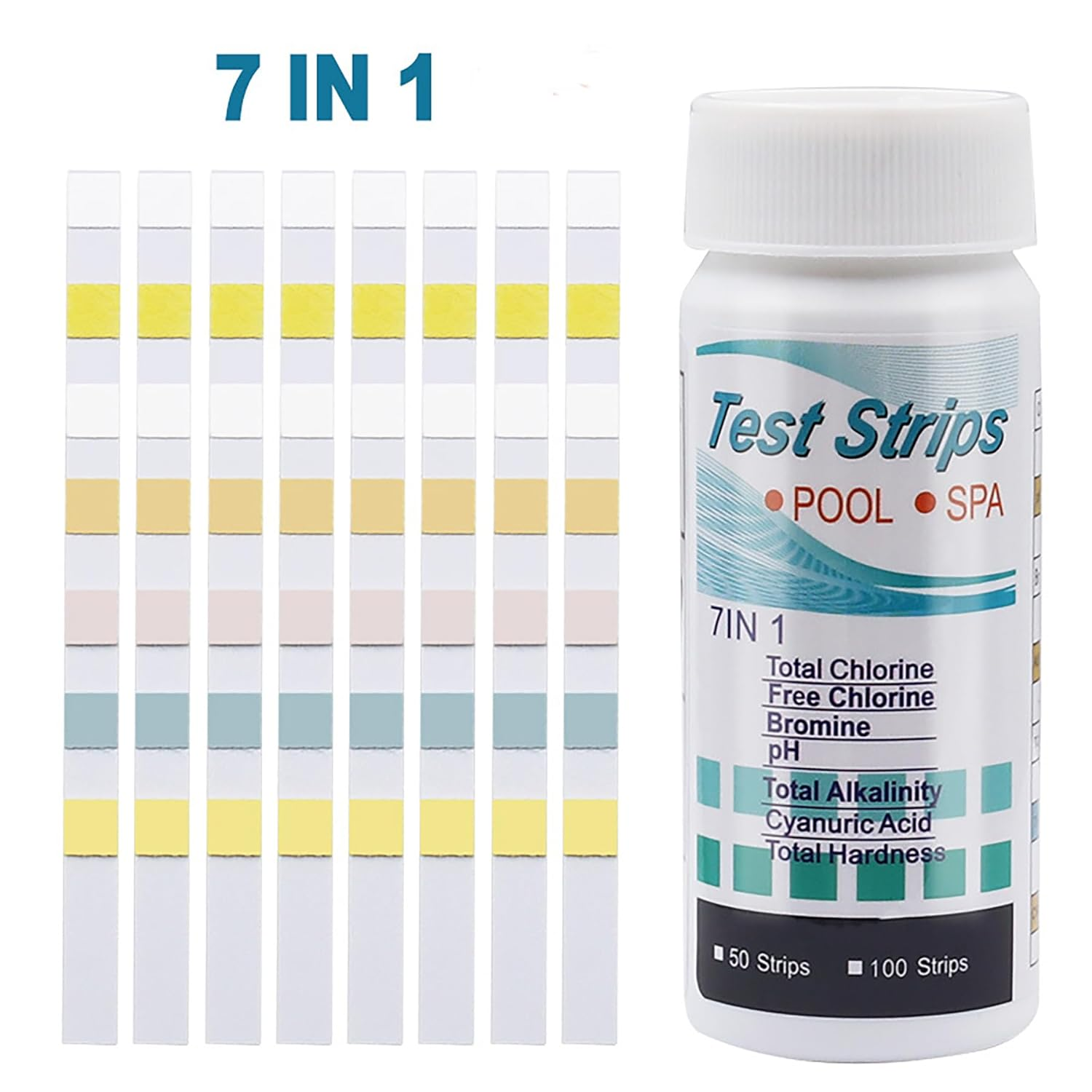 JUMXSRLE Pool and Spa Test Strips, 7 in 1 Quick Accurate Swimming, 100 Pool Test Kit - Hot Tub Test Strips & Pool Water Testing Strips for Ph Chlorine Bromine Hardness Alkalinity Cyanuric Acid