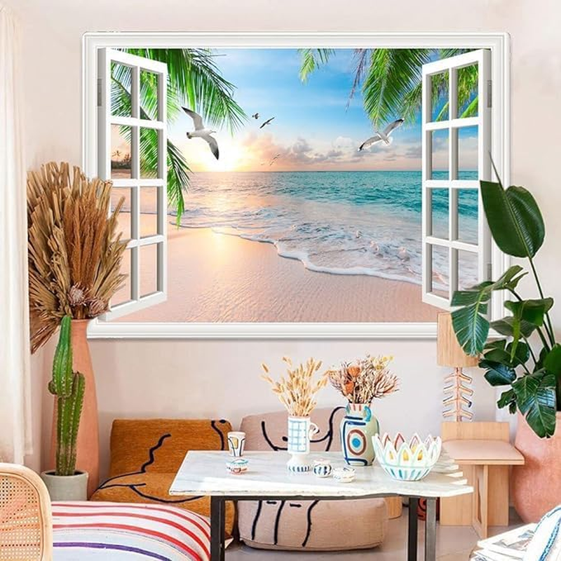 Xiaoput Nature Landscape Tapestry, Cozy outside of Window Tropical Palm Tree Beach Sea Mew Sunset Scenery Tapestry Wall Hanging, Colorful Bedroom Living Room Dorm Decor 40X30 In image number 2