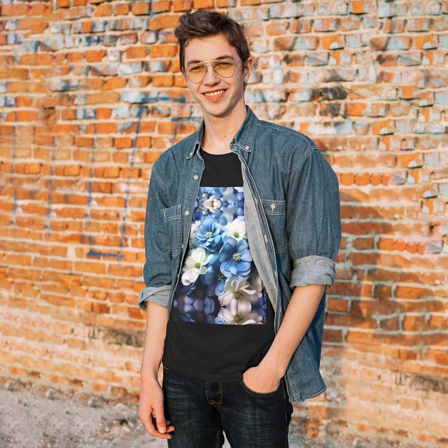 Blue White Flower Men'S round Neck Long Sleeved T-Shirt Casual Long Sleeved Men'S T-Shirt without Pockets image number 3