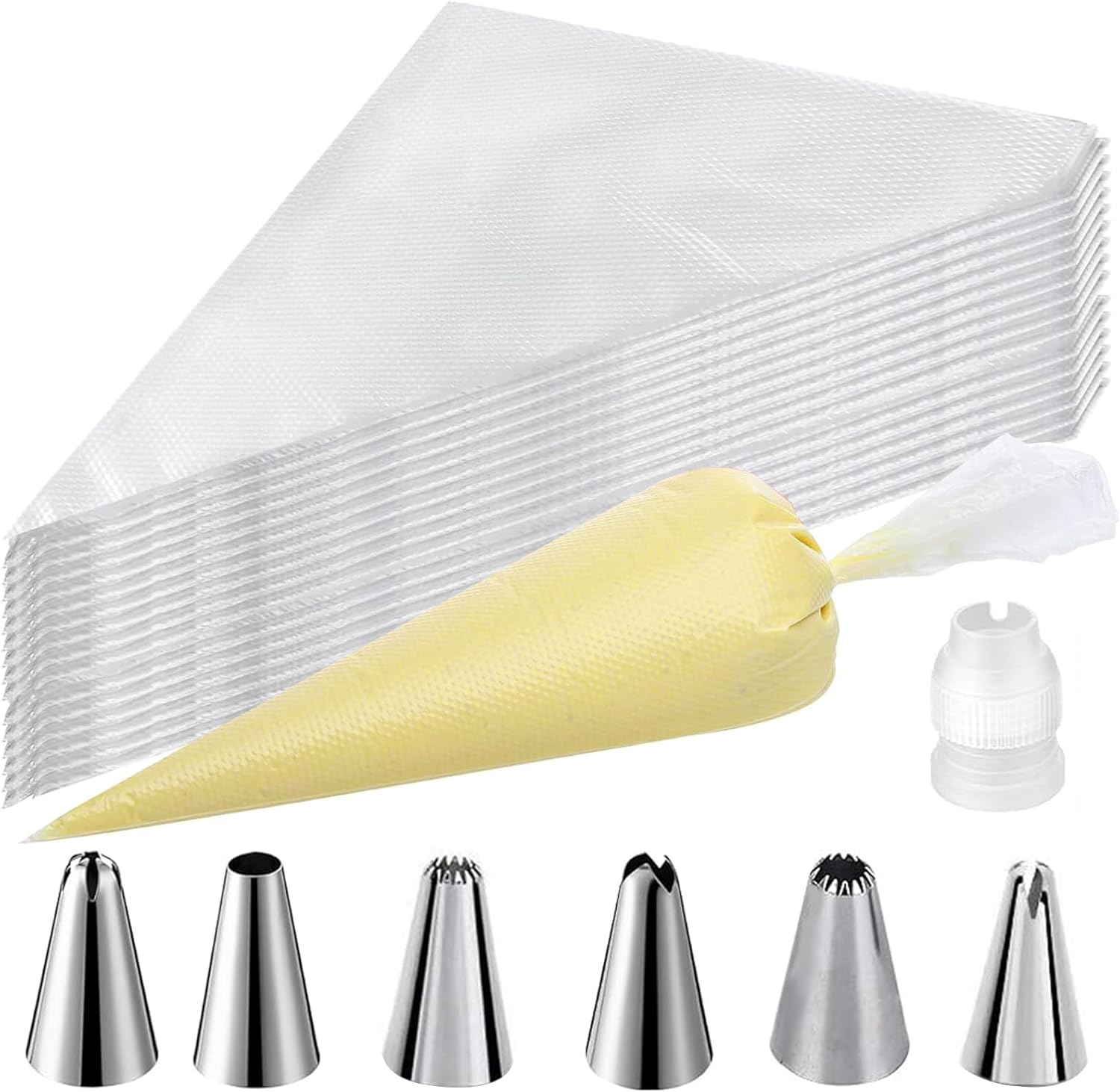 Piping Bags and Tips Set, Cake Decorating Kit Supplies with 100Pcs 12 Inch Pastry Piping Bags 1 Standard Couplers 6 Piping Tips, Pastry Decor Tools for Cupcakes Fit Professional Baking Lover