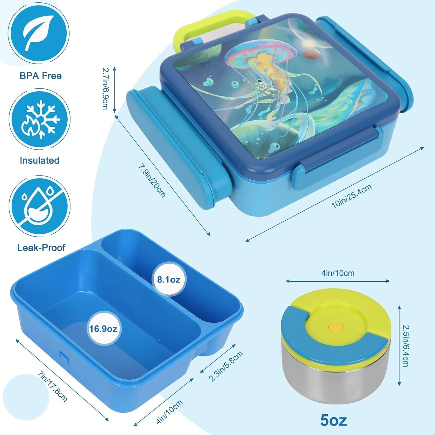 Bento Box for Kids & Adults, Insulated Leak-Proof Lunch Box with Insulated Food Jar for Hot Food, 4-Compartments Lunch Container with Cutlery and Snack Box for School Outdoors Office (Blue) image number 5