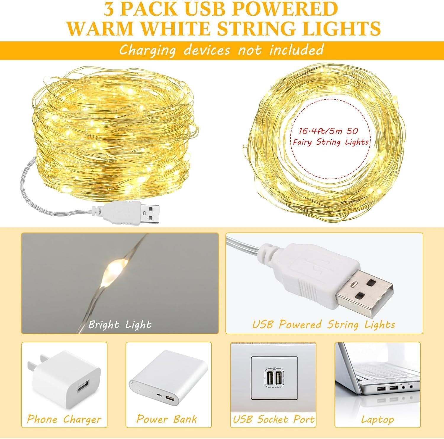 4 Pack Fairy LED String Light USB Powered Operated, 2M/20 LED USB Powered String Light, Indoor Outdoor String Lights for Xmas Tree,Wedding, Halloween, Party, Garden Decoration(Warm White) image number 1