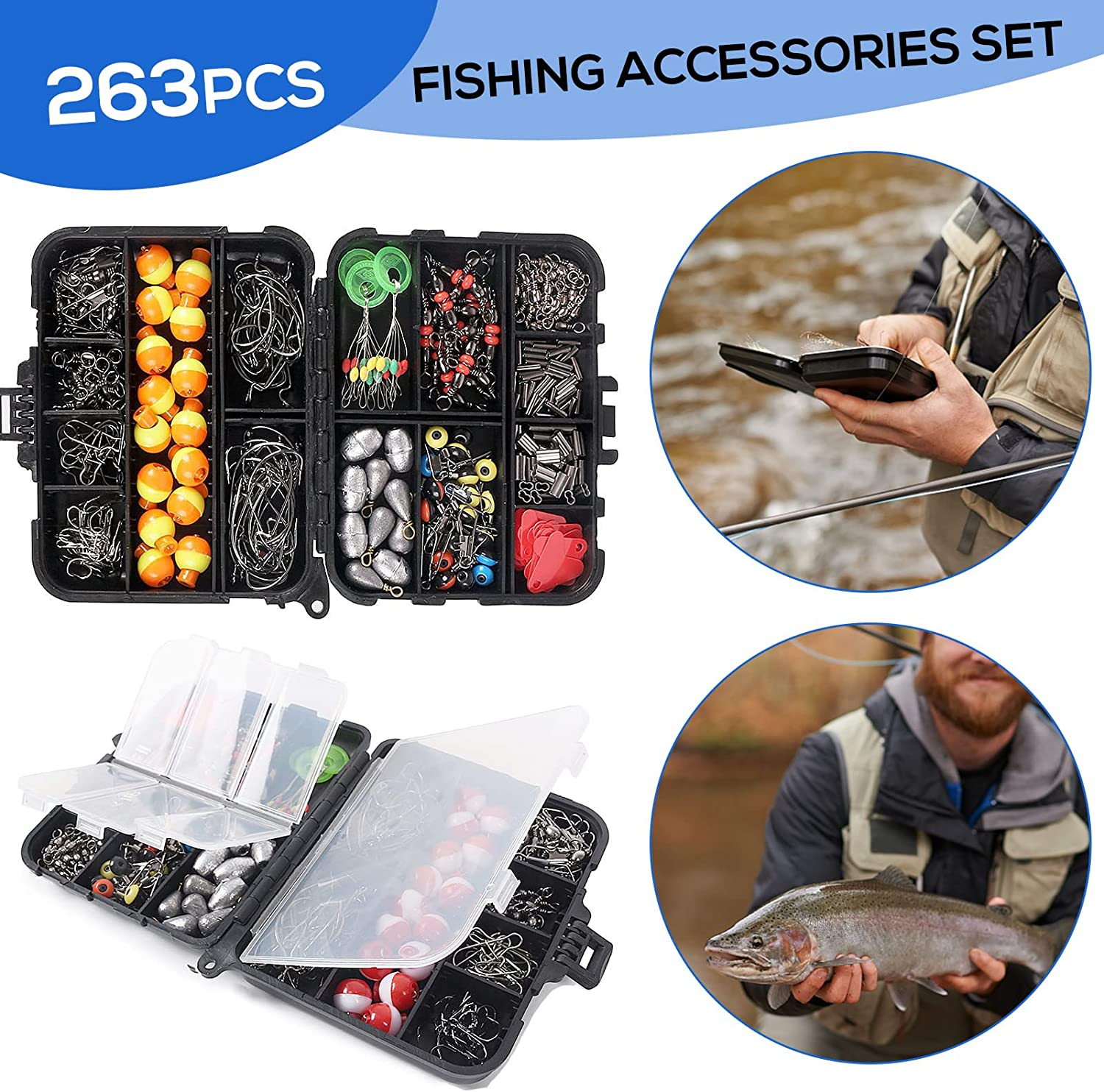 Eacam 263Pcs Fishing Accessories Kits with Tackle Box Saltwater Freshwater Including Jig Hooks, Cross Barrel Swivel, Barrel Snap Swivel, Sinker Slides, Lead Sinker, Treble Hooks image number 1
