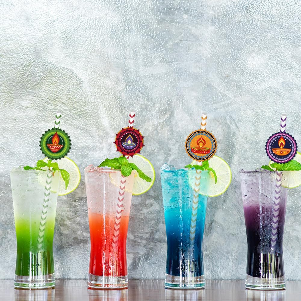 Happy Diwali - Paper Straw Decor - Festival of Lights Party Striped Decorative Straws - Set of 24 image number 3