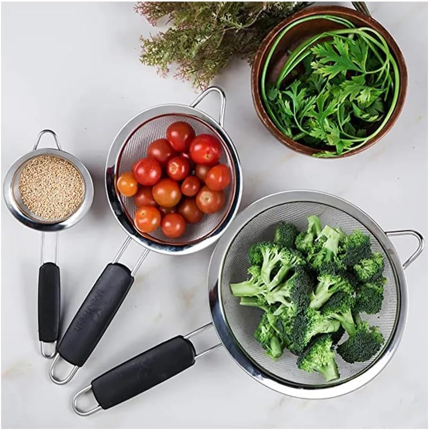 E Eleen Stainless Steel Strainer | Set of 3 Kitchen Strainers Available Sizes (S,M,L) | Perfect Strainers for Kitchen Use (Black Handle Pack of 3) - Silver/Black image number 4