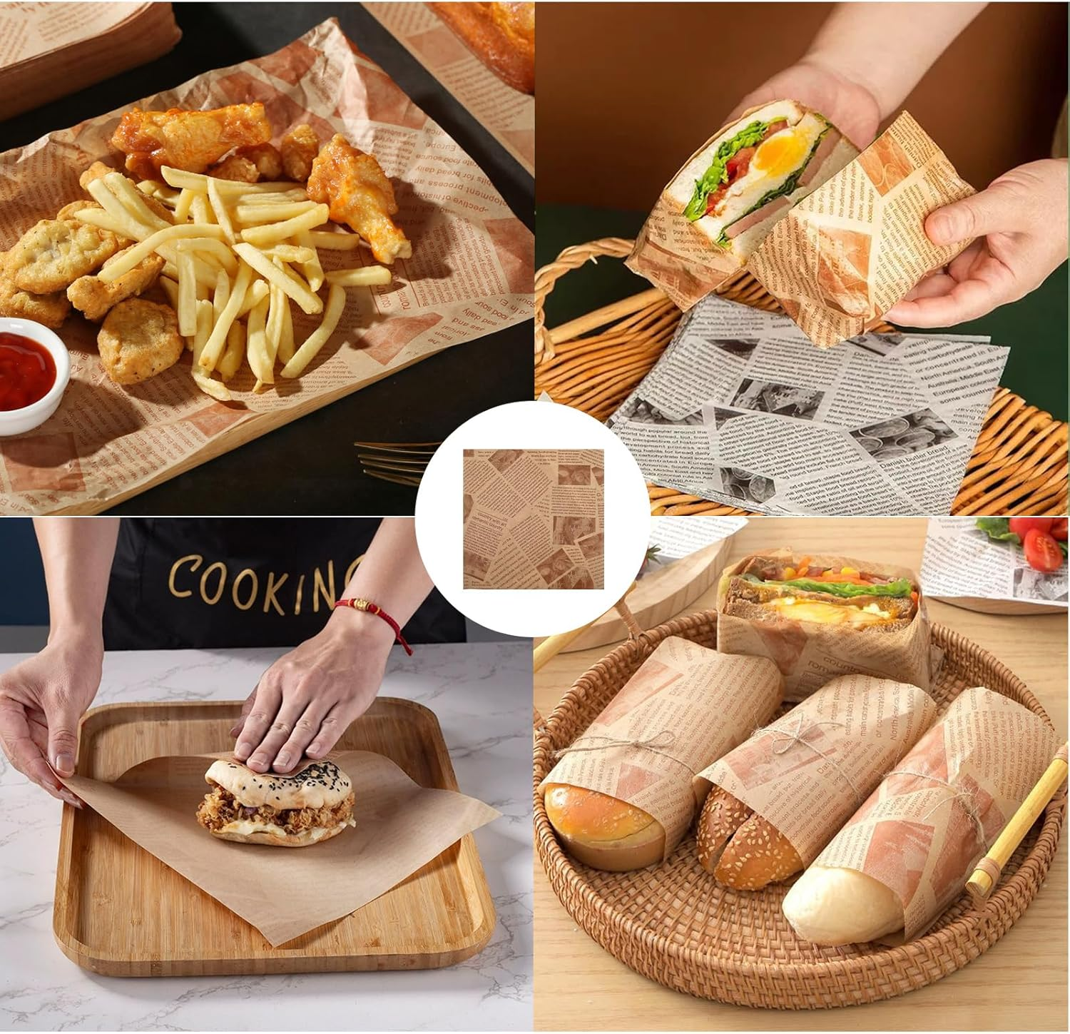 200 PCS 4 Sizes Newspaper Greaseproof Paper Sheets, Burger Cheese Wrapping Papers, Napkins Greaseproof Paper, Old Newspaper Baking Papers for Cheese Bread Sandwich Fries (22Cm, 20Cm, 18Cm, 15Cm) image number 6