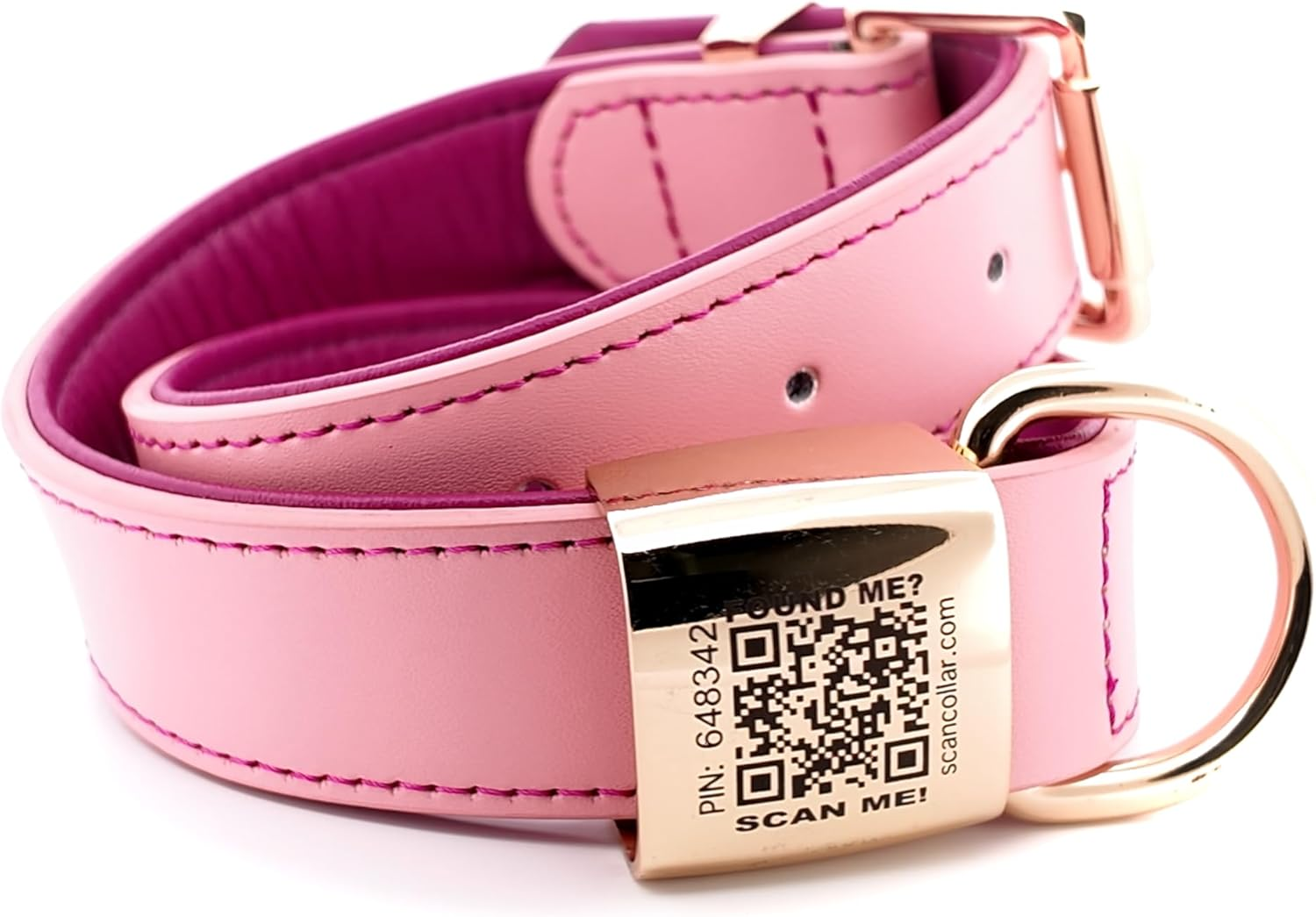Scancollar QR Code Pet ID Genuine Leather Smart Collars with Location Tracking with Pet Online Profile, Soft Padded, Stylish, Breathable for Small Medium Large Dogs (Large, Pink & Violet) image number 5