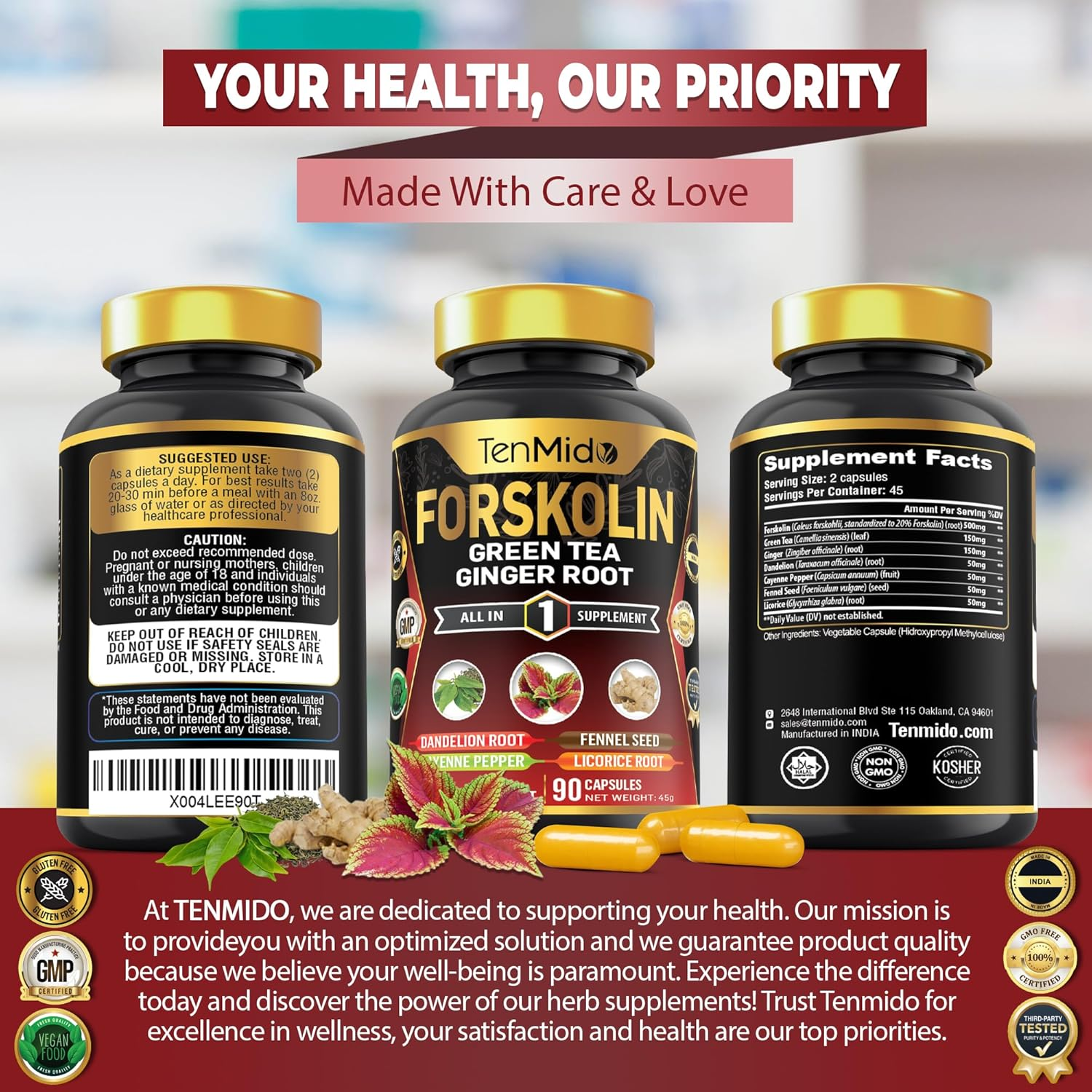 Forskolin Supplement with Green Tea, Ginger Root, Dandelion Root, Cayenne Pepper, Fennel Seed, and Licorice Root - 90 Vegan & Non-Gmo Capsules image number 5