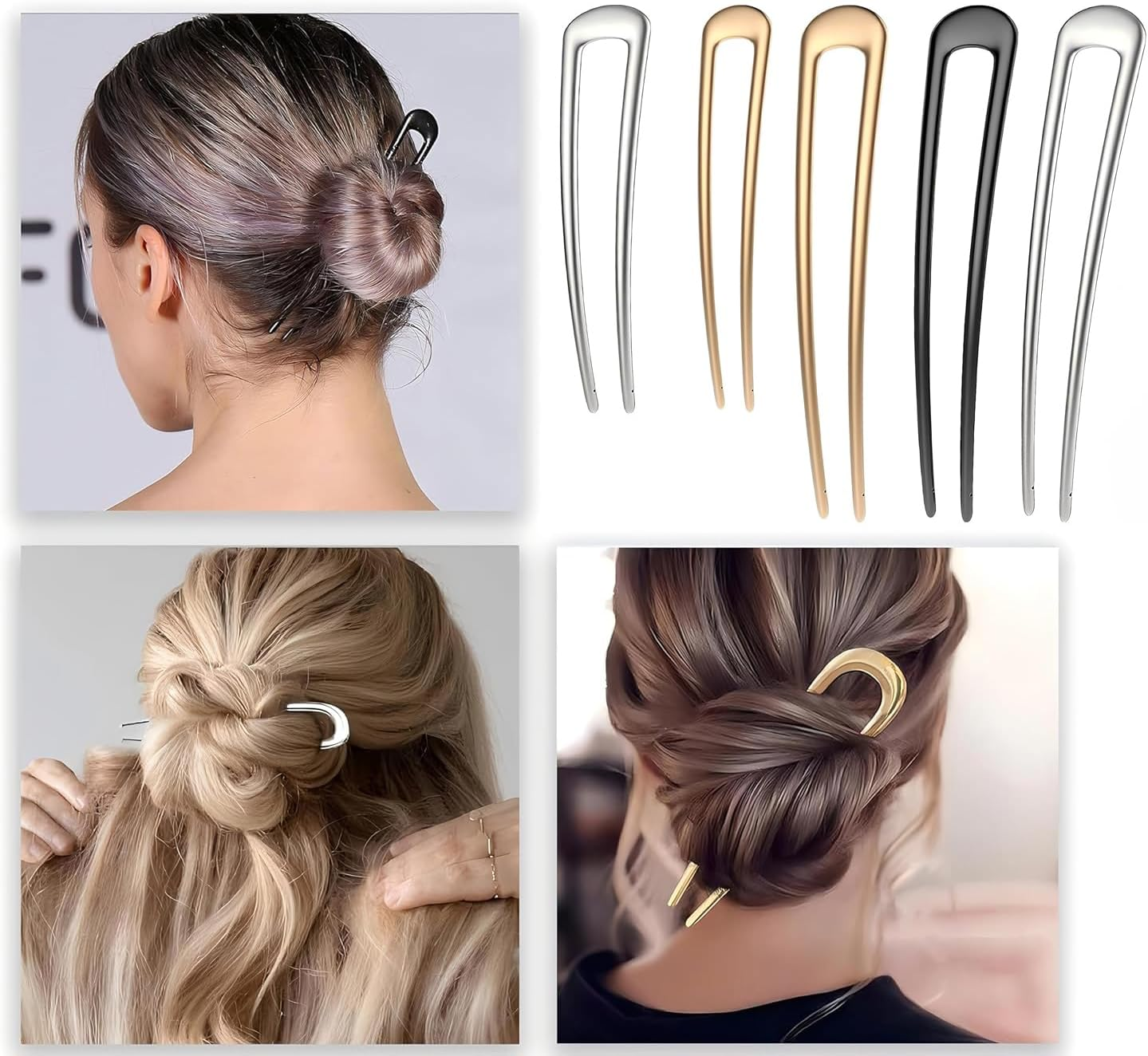 French Hair Pins for Women Girls, Metal U-Shaped Pins for Buns, French Twist Hair Pin, Hair Sticks, Hair Fork 14Cm/10Cm 5 Pcs (Gold/Silver/Black) image number 2