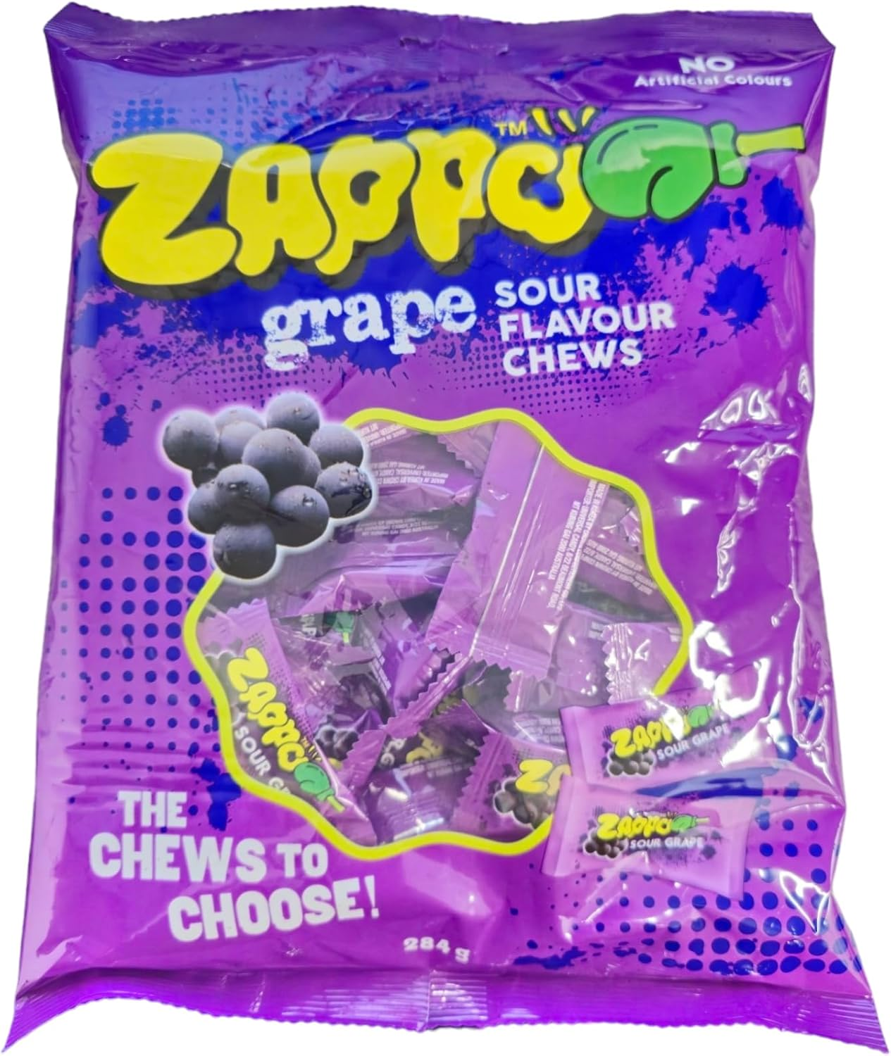 Zappo Sour Grape Chews 284 G Share Bag Tangy Fruit Chews image number 1