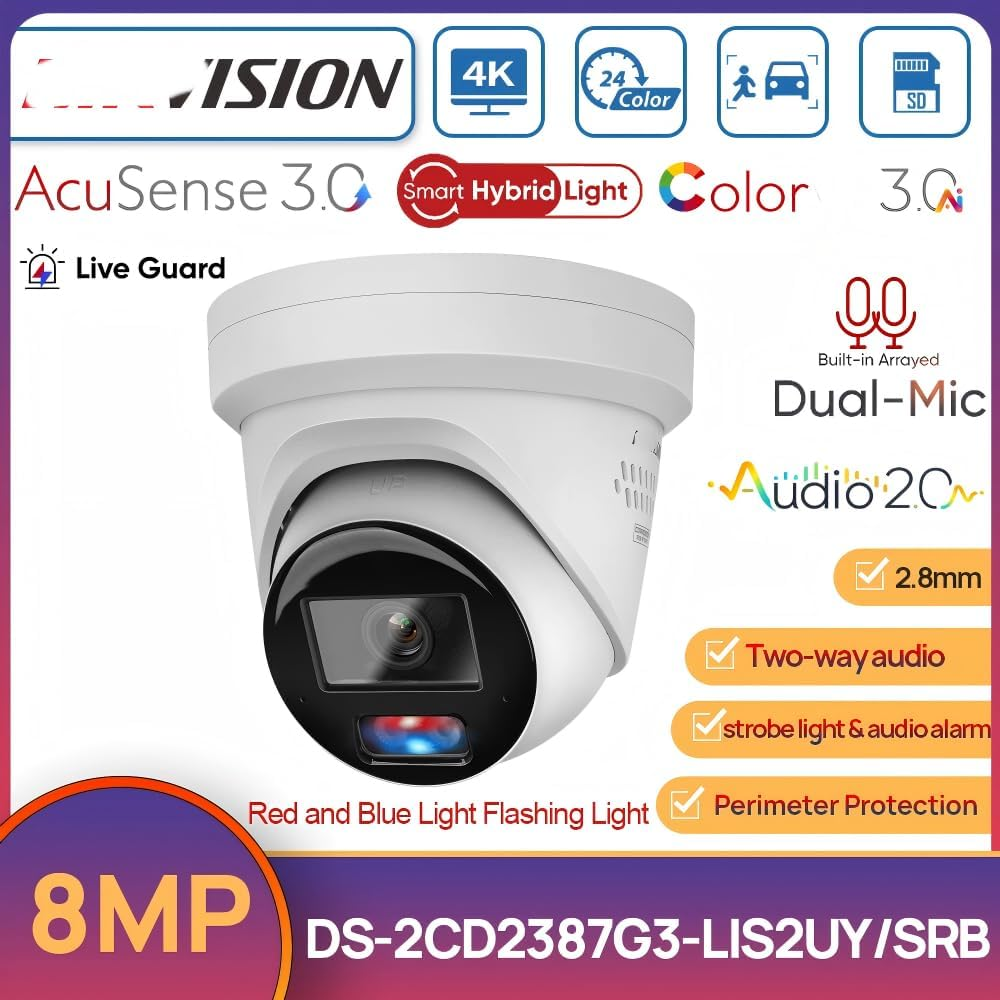 Ⲏikvision Poe Camera DS-2CD2387G3-LIS2UY/SRB, 8MP Outdoor Security Camera with Smart Hybrid Light, Color 3.0, Acusense 3.0 & Dual Mic, 2.8Mm Lens, 512GB SD Slot, Red&Blue Flashing Light
