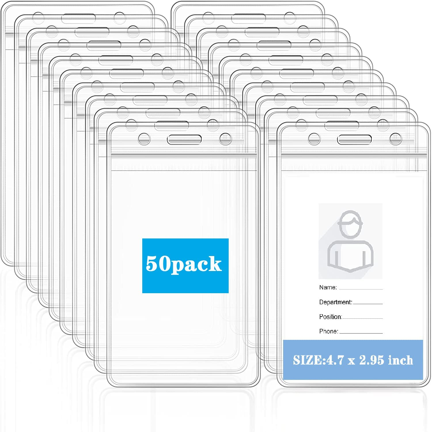 50 Pcs Waterproof ID Badge Holder, POIUNA Clear Plastic Name Badge ID Card Holders with Waterproof Resealable Zip, Plastic Name Tag Holder (50) image number 3