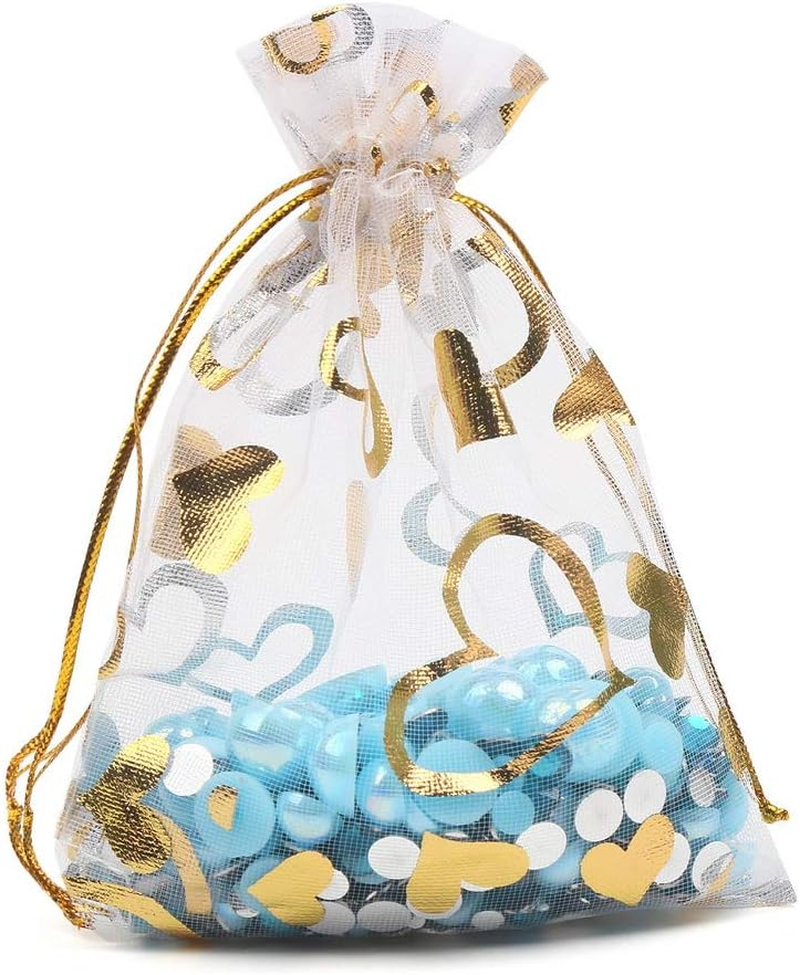 CCINEE 3.5X4.7 Inches Organza Bags Candy Gift Bags 100 Pieces (Gold Heart White Bag) image number 1