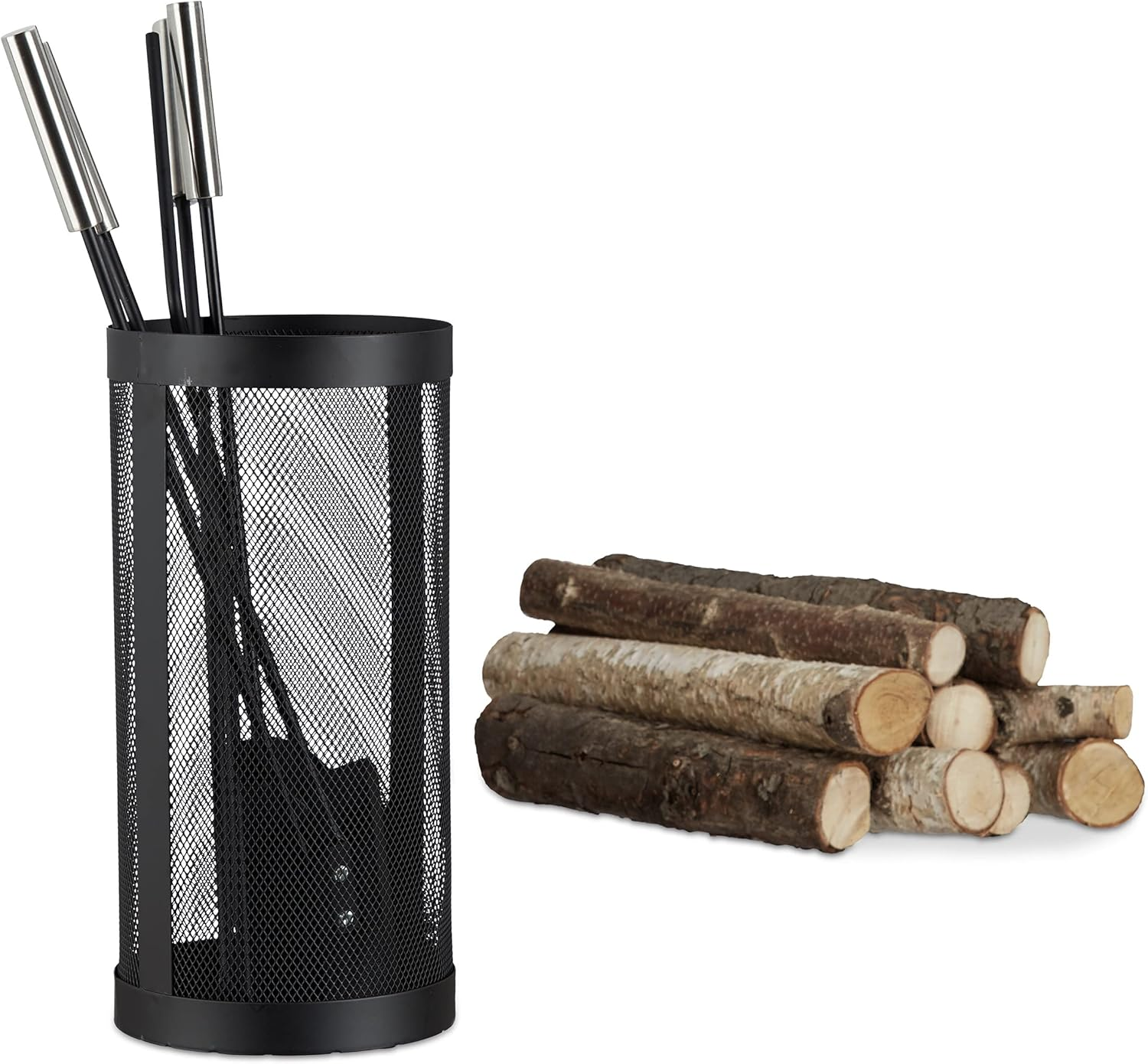 Relaxdays Modern Cast Fire Irons. 5-Piece Fireplace Companion Set with Shovel, Broom, Poker, Tongs and Stand, Black, 17 X 17 X 35 Cm image number 2