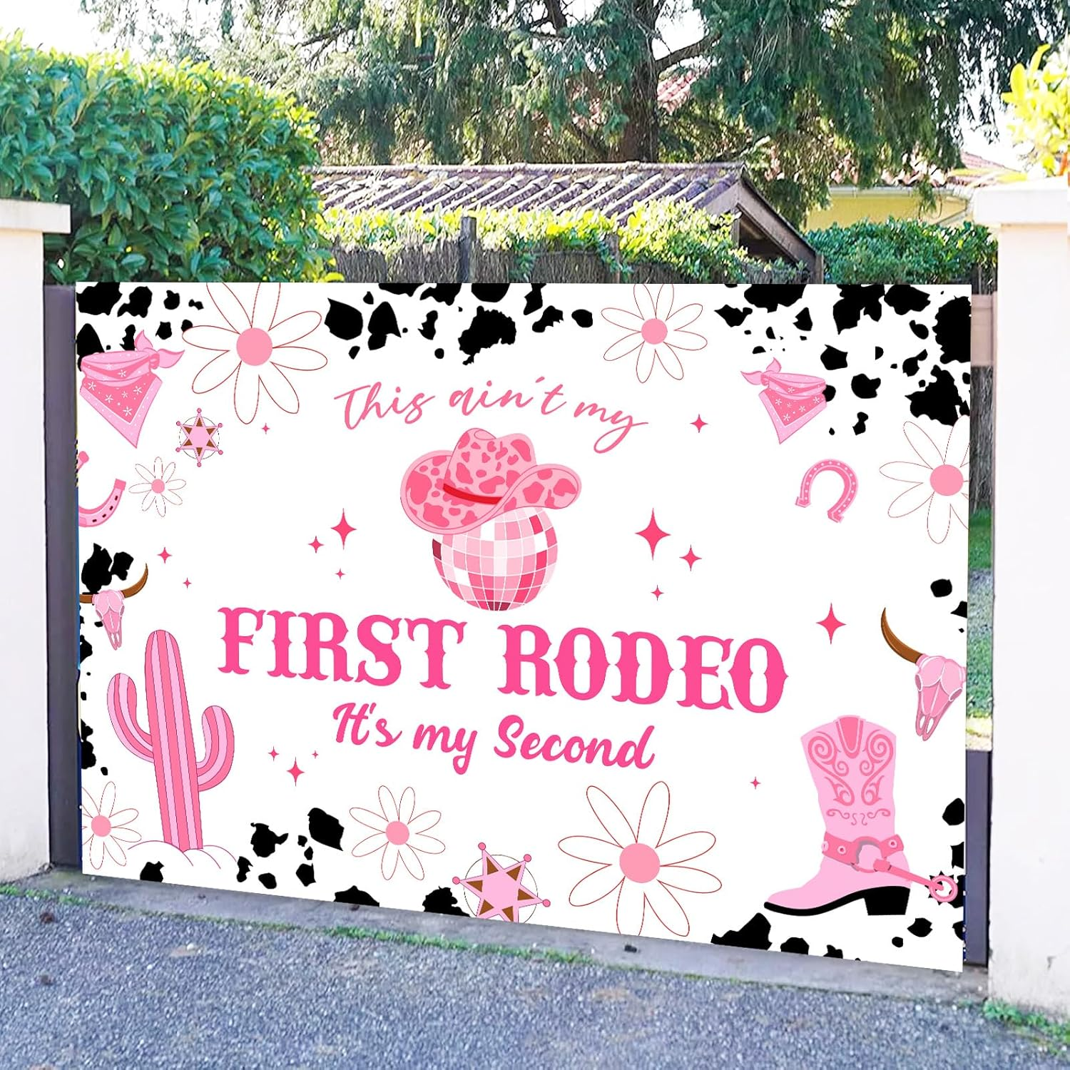 Wonmelody 7 * 5Ft Disco Cowgirl Party Decor Backdrop This Ain'T My First Rodeo It'S My Second Decor Cowgirl 2Nd Birthday Decor Space Cowgirl Disco Ball Boots Daisy Backdrop for Wild West 2Nd Birthday image number 3