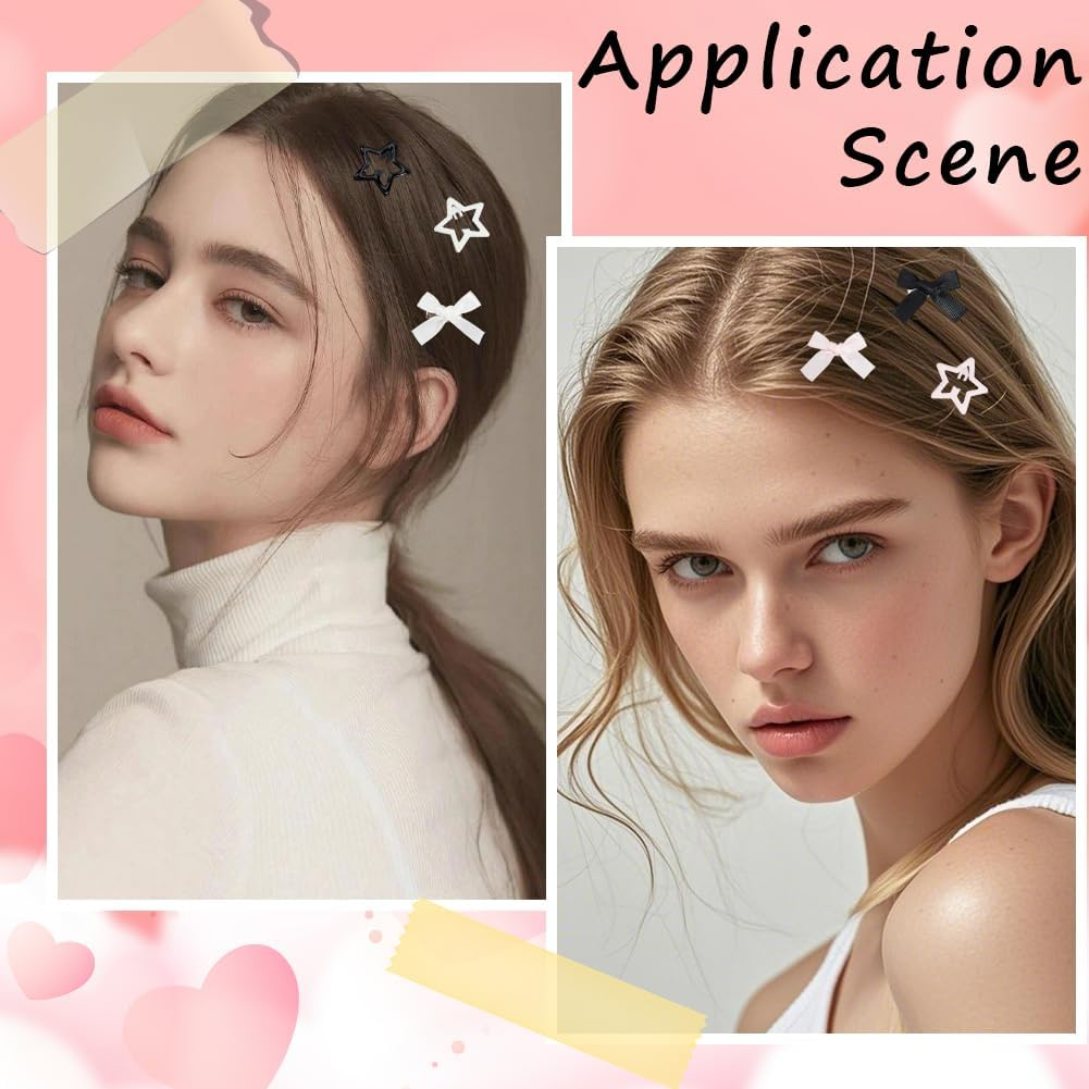 SOFPLATE Pack of 60 3 Colours Colourful Hair Clips with Bow Mini Hair Clips Small Polyester Bow Iron Enamel Stars Coquette Black White Alligator Accessories for Short and Long Hairstyle image number 6