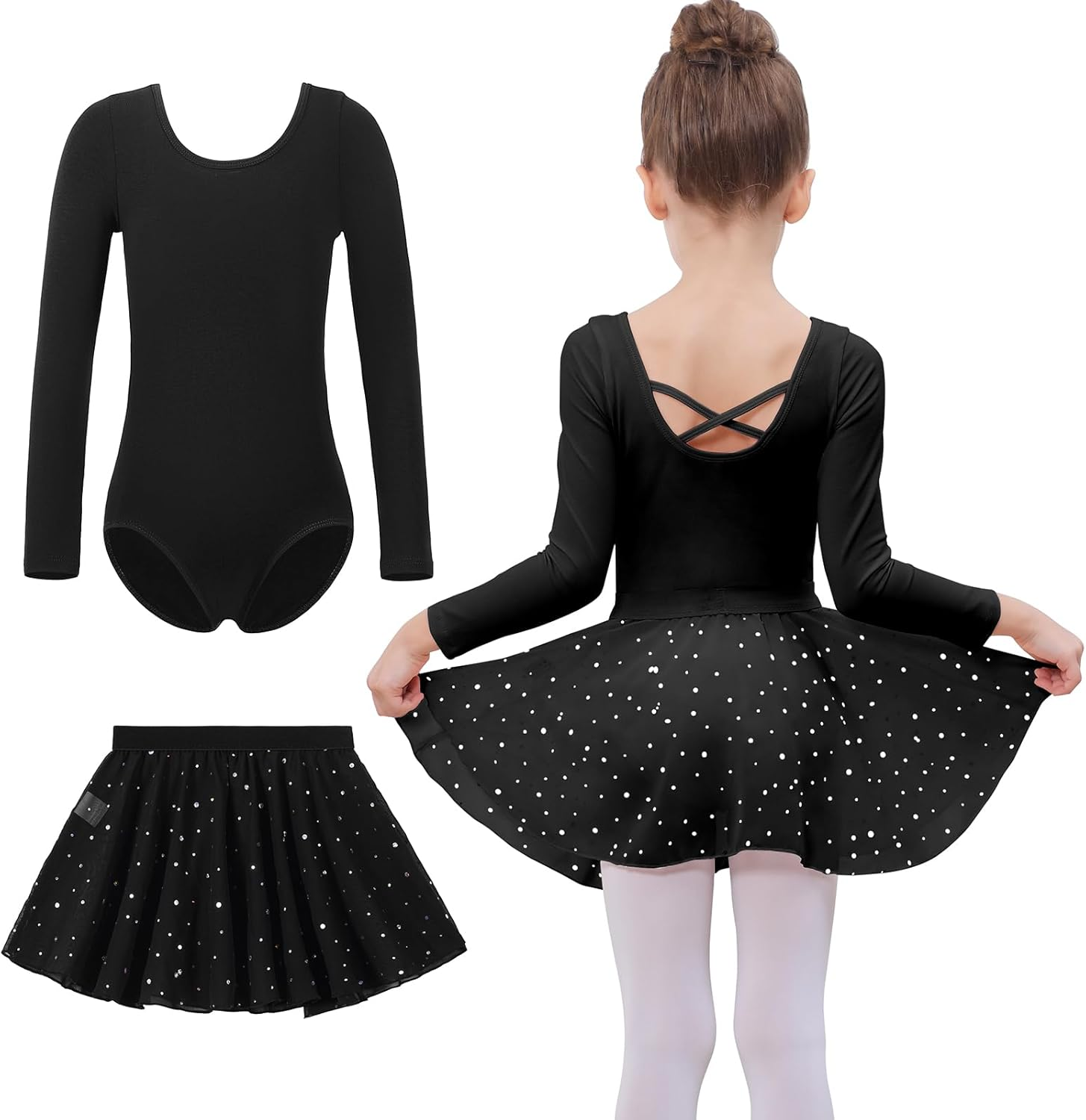 MERIABNY Ballet Leotards for Girls Long Sleeve Dance Leotard with Detachable Skirt for Aged 3-9 image number 3