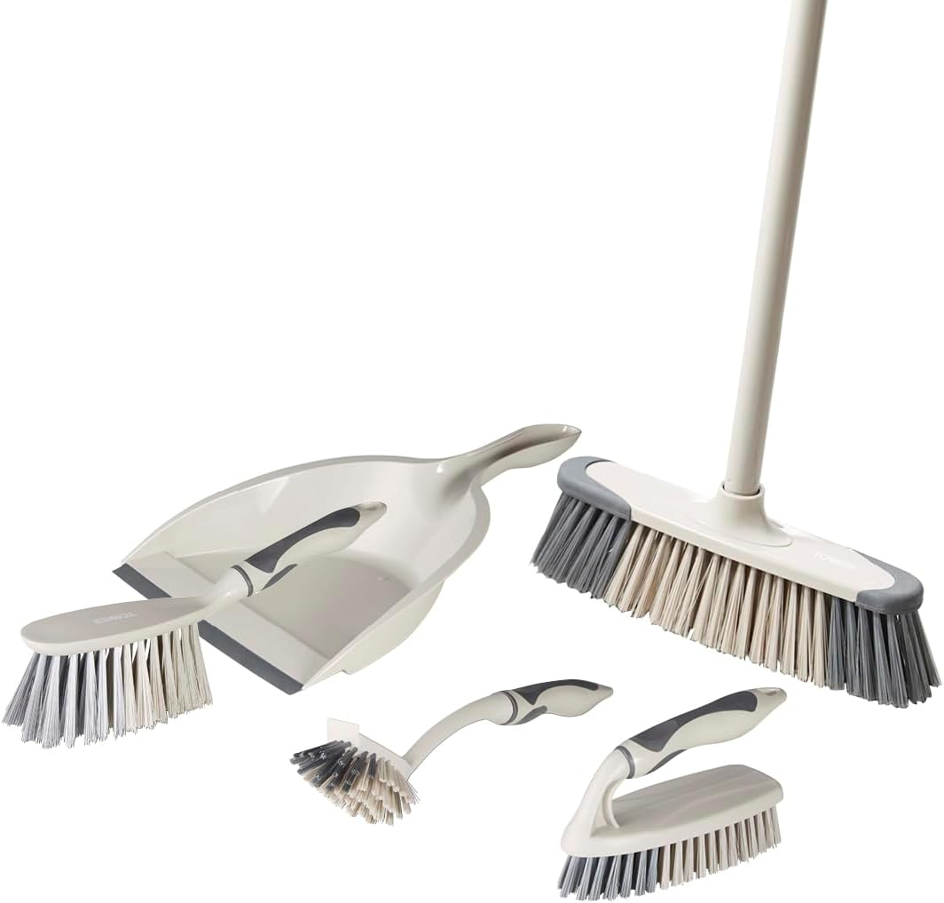 Tower T769002MSH 5-In-1 Cleaning Set with Dust Pan and Brush/Kitchen Broom/Dish Brush/Scrub Brush, Latte & Grey