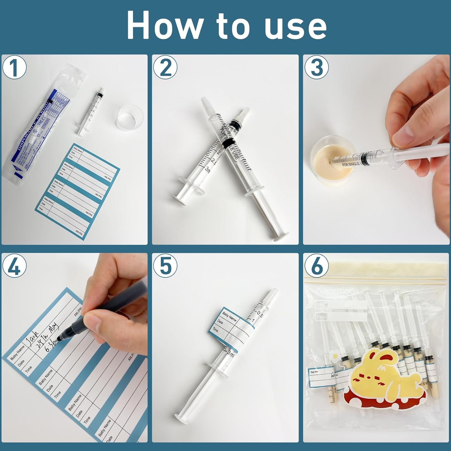 50 Colostrum Collector Sets Include 3Ml without Needle Colostrum Syringe with Cap, Sticker, Clear Ziplock Bag and a Measuring Cup image number 6