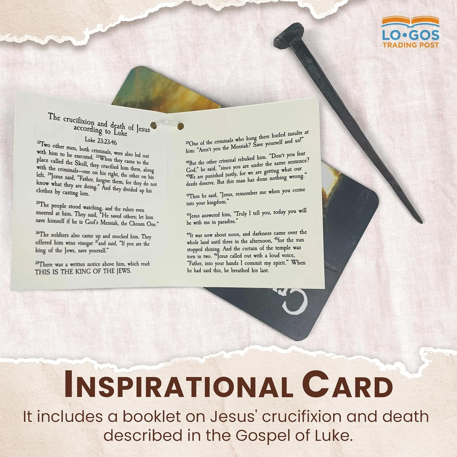 4.5" Crucifixion Iron Nail Replica & Passion of the Christ Booklet (Luke 23:23-46) - Symbolic Roman Jesus Christ Crucifixion Nails Isaiah 53:5 Full-Color Card for Gifting - Easter and Lent Decoration