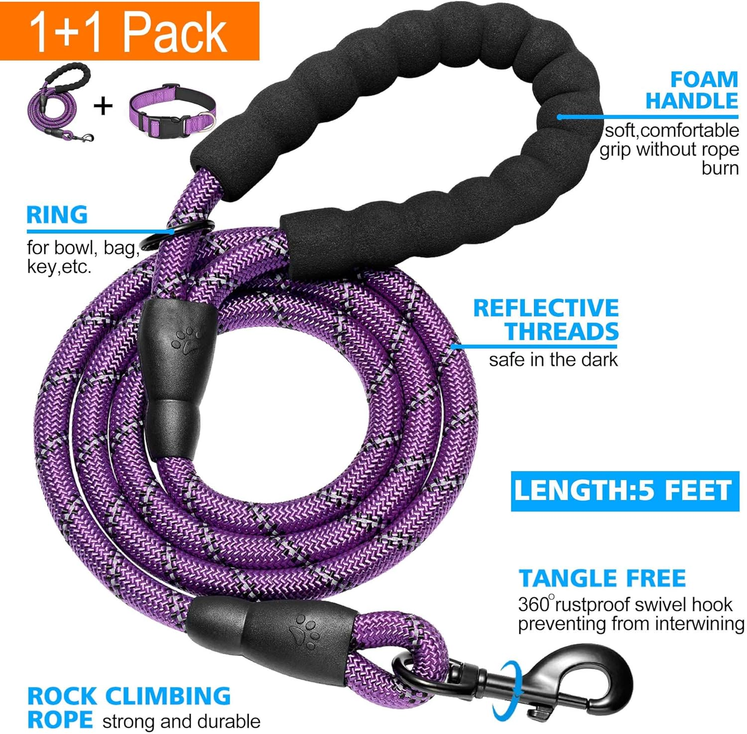 Reflective Dog Collar Padded with Soft Neoprene Breathable Adjustable Nylon Dog Collars for Small Medium Large Dogs (X-Small (Pack of 1), Purple Collar+Leash) image number 5