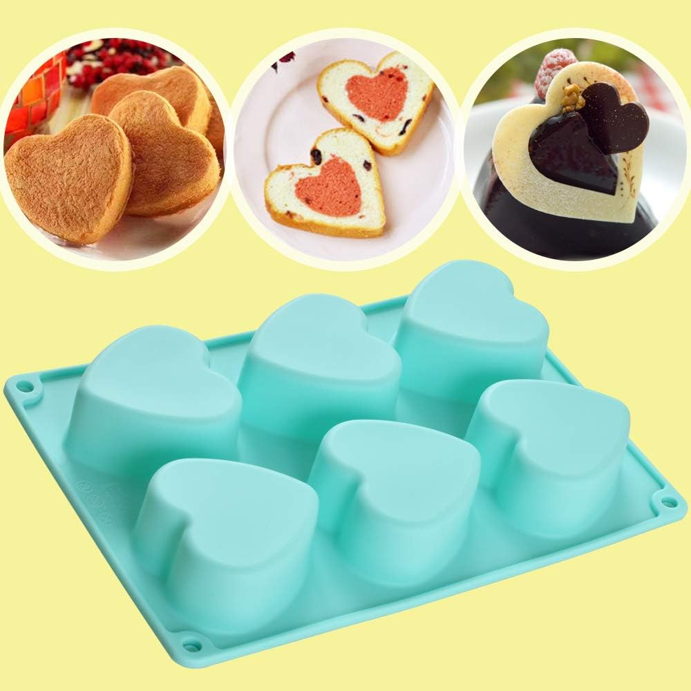Newk Heart Shaped Silicone Mold, 6 Cavity Non-Stick Silicone Mold for Cake, Jellys, Soap - Set of 2, Blue
