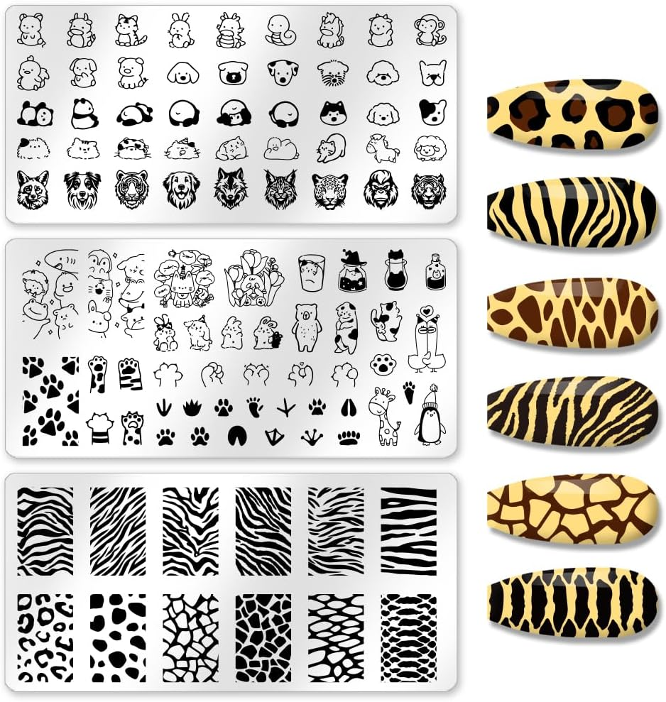 Beinkmake 3Pcs Cute Animals Nail Stamping Plate Leopard Print Nail Stamping Templates Art Stamp Plates DIY Reusable Stainless Steel Tools for Manicure Printing image number 4