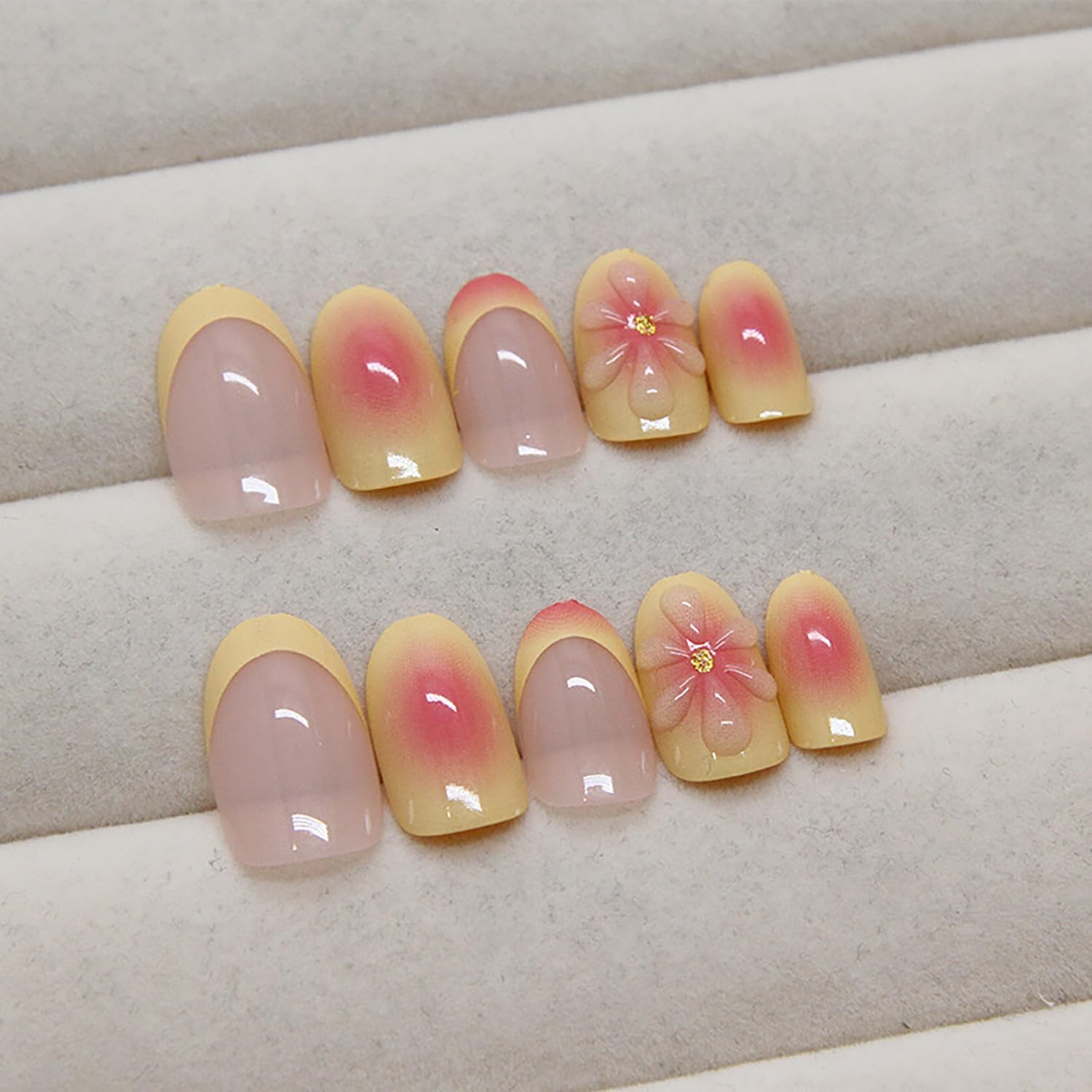 RIICFDD 24 Pieces Almond Style Short False Nails with French Tip, 5D Flower, Drawings, Yellow Tips, Bright Pink Acrylic for Women image number 3