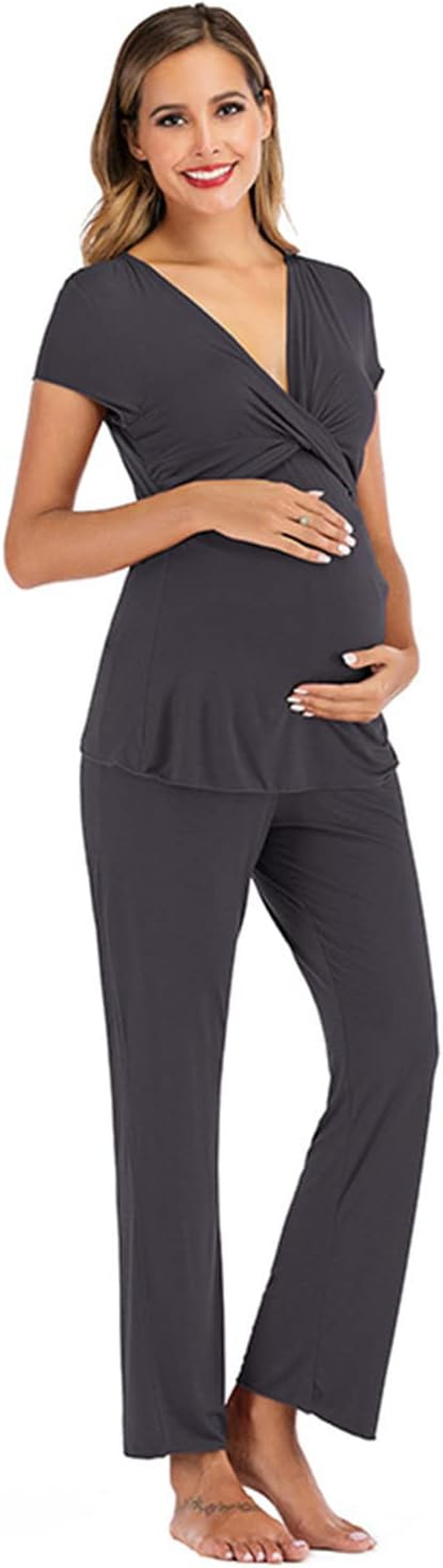 AIRMOOD Maternity Nursing Pyjamas Set, Super Soft V-Neck Short Sleeve Sleepwear Breastfeeding Loungewear Nursing Nightie Pjs for Pregnant Women, Maternity Clothing for Home Hospital