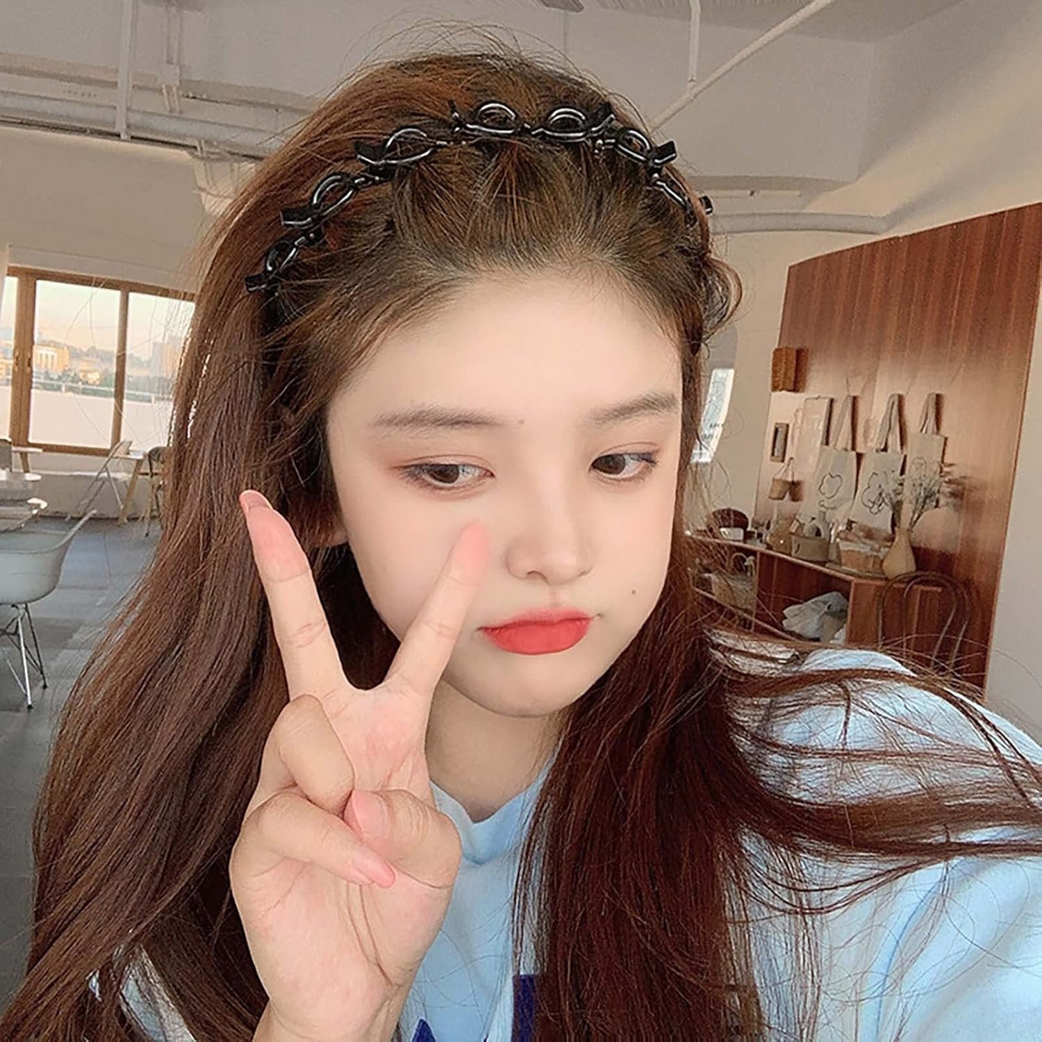 Tseenyi Layered Double Bangs Hairpin Hairband Braided Headbands Double Layer Twist Plait Hair Tools Jewelry for Women and Girls Valentine'S Day(Black 1Pcs) image number 3